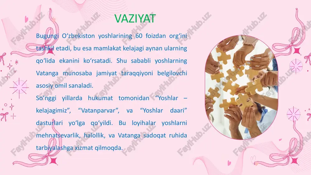 malda isbotlashimiz zarur. foydalanilgan adabiyotlar ro‘yxati 1.mirziyoyev sh.m. “yangi o‘zbekiston strategiyasi” – toshkent: o‘zbekiston, 2021. 2.karimov i.a. “yuksak ma’naviyat – yengilmas kuch” – toshkent: ma’naviyat, 2008. 3.“o‘zbekiston respublikasi konstitutsiyasi” – toshkent: adolat, 2023-yil nashri. 4. qahhor a. “vatan haqida hikoyalar” – toshkent: g‘afur g‘ulom nomidagi nashriyot, 2015. 5. o‘zbekiston respublikasi prezidenti huzuridagi davlat xizmatini rivojlantirish agentligi materiallari, 2022–2024-yillar. 6.“vatanparvarlik va ma’naviyat asoslari” – o‘quv qo‘llanma, toshkent davlat pedagogika universiteti, 2020. e`tiboringiz uchun raxmat! image8.svg image4.png image1.png image2.svg image2.png image6.svg image3.png image5.png image6.jpeg image7.jpeg image8.png image9.png image10.png image4.svg /docprops/thumbnail.jpeg