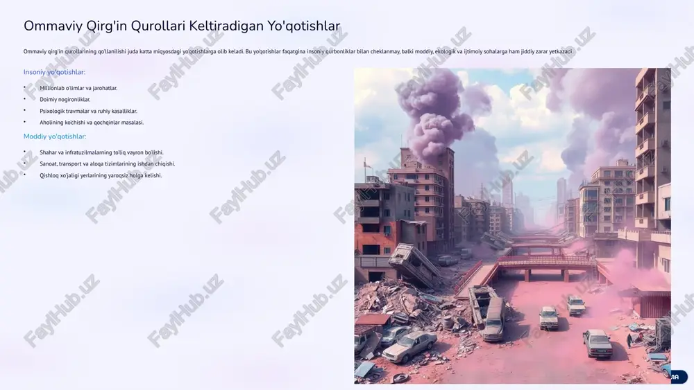 h uchun muhimdir. global hamkorlik oqq ni tarqatmaslik va ularni butunlay yo'q qilish bo'yicha xalqaro shartnomalar va hamkorlikni kuchaytirish. fuqarolik mudofaasi favqulodda vaziyatlarda aholini himoya qilish, evakuatsiya, tibbiy yordam va zararsizlantirish choralarini o'rgatish. tadqiqot va innovatsiyalar oqq ta'sirini kamaytirish va ulardan himoyalanishning yangi usullarini ishlab chiqish. har bir inson oqq xavfi haqida ma'lumotga ega bo'lishi va ehtimoliy tahdidlarga tayyor turishi lozim. bu nafaqat shaxsiy xavfsizlikni, balki butun dunyo tinchligini ta'minlashga yordam beradi. 10 image1.png image2.png image3.png image4.png image5.png image6.png image7.png image8.png image9.png image10.png image11.png image12.png image13.png image14.png image15.png image16.png