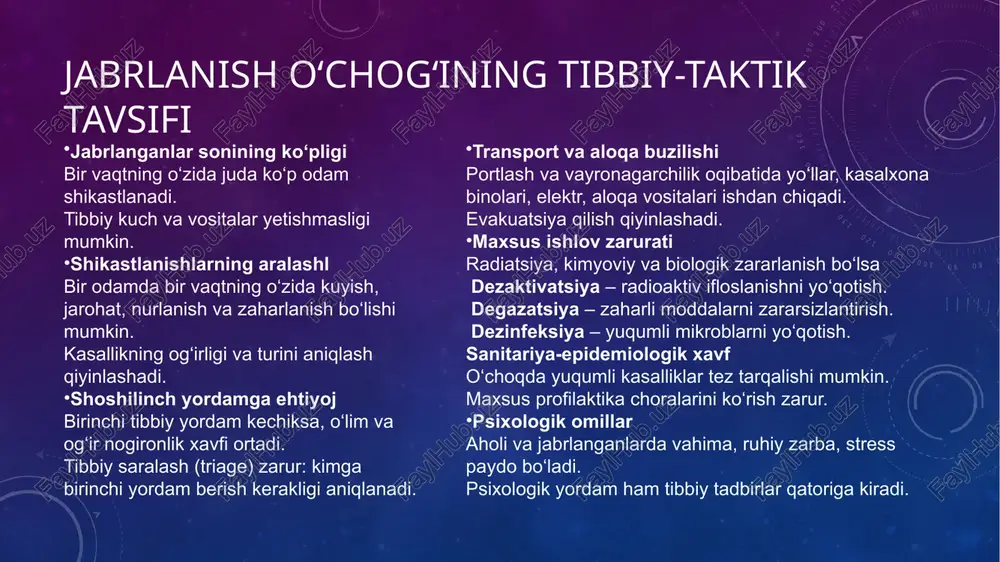 va yo‘nalishi falloutni uzoq masofalarga yetkazadi; yomg‘ir radioaktiv moddalarni yerga tushiradi. geography (tepalik, vodiy, shahar yoki ochiq maydon) portlash omillarini kuchaytiradi yoki kamaytiradi. 10. portlash xususiyatlari quvvat (trotil ekvivalenti) — energiya miqdori (kt yoki mt) — eng muhim omil. balon (burst) balandligi — yer usti, havoda, yer osti yoki suv osti portlashi taʼsir spektrini o‘zgartiradi. qurilma turi — termoyadroviy, bo‘linish, neytron bombasi — radiatsiya va termal-profilni belgilaydi. 11. insoniy va jamiyat omillari aholi zichligi, bino materiali, sog‘liqni saqlash tizimining holati, favqulodda xizmatlarning tayyorgarligi. taktik taʼsir: zich shahar hududida o‘lim va jarohatlar ko‘proq bo‘ladi; sog‘liq muassasalari tez to‘ladi. e`tiboringiz uchun raxmat! image2.png image3.png image4.jpg image5.jpg image6.jpg image7.jpg image8.jpg image9.jpg image10.jpg image11.jpg image12.jpg image13.jpg image14.jpg image15.jpg image16.jpg image17.jpg image18.jpg image19.jpg image20.jpg /docprops/thumbnail.jpeg