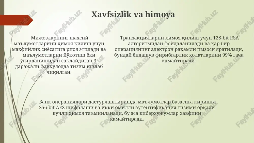 adorligini oshiradi. real-time ma'lumotlar tahlili va prognozlash tizimlari operatsiyalarni optimallashtirishga va potentsial xavflarni 20% ga kamaytirishga yordam beradi. e'tiboringiz uchun rahmat @taqdimot_robot