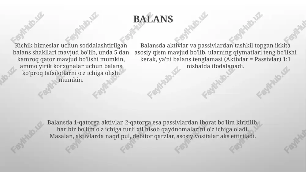 r yordamida avtomatlashtirilgan hisob-kitoblar orqali, har xil iqtisodiy operatsiyalarni miqdoriy va sifat jihatdan aks ettiradi. buxgalteriya hisobi predmeti iqtisodiy jarayonlarning 2 ta asosiy tomonini – moliyaviy va iqtisodiy resurslarni aks ettiradi, bu esa korxonaning moliyaviy holatini aniqlashga yordam beradi. buxgalteriya hisobi predmeti iqtisodiy jarayonlarning 2 ta asosiy tomonini – moliyaviy va iqtisodiy resurslarni aks ettiradi, bu esa korxonaning moliyaviy holatini aniqlashga yordam beradi. norasmiy iqtisodiyot va buxgalteriya norasmiy iqtisodiyotning buxgalteriya hisobi bilan bog'liq muammolari, xususan, 10 dan ortiq kichik biznes subyektlari to'liq hisobot bermasligi bilan bog'liqdir. bu esa statistik ma'lumotlarning aniqligi va ishonchliligini pasaytiradi. "norasmiy iqtisodiyot va buxgalteriya" sohasida 20% ga yaqin iqtisodiy faoliyat rasmiy ro'yxatdan o'tmagan holda amalga oshiriladi, bu esa soliq tushumlarining pasayishiga va byudjet taqchilligiga olib keladi. norasmiy sektorning yalpi ichki mahsulotga (yaim) hissasini aniqlashda katta qiyinchiliklar mavjud. ba'zi tahminlarga ko'ra, bu ulush 30% dan oshadi va milliy daromadlar hisob-kitoblariga jiddiy ta'sir ko'rsatadi. buxgalteriya xizmatlari buxgalteriya xizmatlaridan …