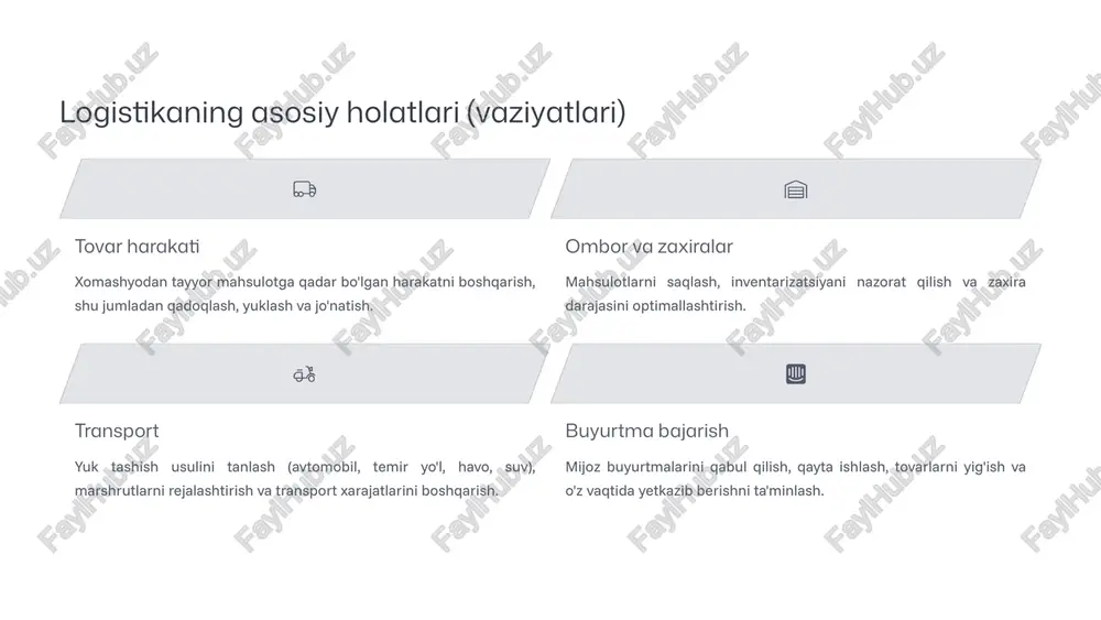 lar qabul qilish. raqamli texnologiyalar logistika sanoatini yanada aqlli va prognozlanadigan qilib, korxonalarga o‘z faoliyatini global miqyosda optimallashtirishga yordam bermoqda. logistika va raqobatbardoshlik logistika korxonaning bozordagi raqobatbardoshligini belgilovchi eng muhim omillardan biridir. samarali logistika kompaniyaga nafaqat xarajatlarni tejash, balki mijozlar bazasini kengaytirish va bozor ulushini oshirish imkoniyatini beradi. bozor pozitsiyasini mustahkamlash optimallashtirilgan taʼminot zanjiri kompaniyaning bozor sharoitlariga tez moslashishini taʼminlaydi. mijozlar qoniqishi tez va sifatli yetkazib berish mijozlarning sodiqligini oshiradi va brendga ishonchni mustahkamlaydi. xarajatlarda ustunlik tashish, saqlash va inventarizatsiya xarajatlarining kamayishi mahsulot narxini pasaytirish imkonini beradi. yaxshi tashkil etilgan logistika kompaniyaga raqobatchilardan bir qadam oldinda bo‘lishiga yordam beradi, ayniqsa global miqyosda. u kompaniyaning operatsion samaradorligini oshiribgina qolmay, uning imijini ham yaxshilaydi. o‘zbekiston sharoitida logistika rivoji o‘zbekistonning markaziy osiyodagi strategik joylashuvi uning logistika salohiyatini yanada oshirishga imkon beradi. so‘nggi yillarda mamlakatda logistika infratuzilmasini modernizatsiya qilish bo‘yicha keng ko‘lamli ishlar amalga oshirilmoqda, bu esa uning transchegaraviy savdo va transport markazi sifatidagi …