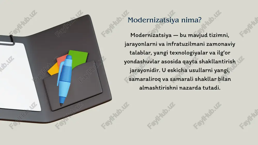 innovatsion loyihalarda ishtirok etish. raqamli ta’lim platformalaridan faol foydalanish va global bilim manbalariga chiqish imkoniyatlarini kengaytirish. ijtimoiy ko‘nikmalar, liderlik va jamoada ishlash qobiliyatlarini rivojlantirish. bugungi kunda ta’lim tizimida kasbiy va amaliy yo‘nalishlarni kuchaytirish, yangi texnologiyalarni keng joriy etish, o‘qituvchilarning malakasini doimiy oshirib borish muhim vazifalardan biri hisoblanadi. ta’lim kontenti va o‘quv dasturlari zamonaviy dunyo talablariga moslashtirilishi, o‘quv jarayoni raqamlashtirilishi lozim. bu esa nafaqat bilim sifatini oshirishga, balki yoshlarning xalqaro raqobatbardoshligini ta’minlashga xizmat qiladi. ta’lim tizimida teng imkoniyatlarni yaratish masalasi ham dolzarbdir. qishloq va shahardagi, shuningdek, turli ijtimoiy qatlamlardagi bolalarga sifatli ta’lim berish uchun infratuzilmani rivojlantirish, masofaviy ta’lim imkoniyatlarini kengaytirish zarur. ta’lim boshqaruvini takomillashtirish, samarali monitoring tizimlarini joriy qilish orqali sohada shaffoflik va samaradorlikni oshirish mumkin. ta’lim va modernizitsiya mustaqillik yillarida amalga oshirilgan islohotlar va modernizatsiya jarayonlari o‘zbekiston ta’lim tizimini yangi bosqichga olib chiqmoqda. biroq, ta’lim sifatini yanada oshirish, o‘quvchilarning malaka va ko‘nikmalarini zamonaviy talablarga moslashtirish uchun tizimli va uzoq muddatli …