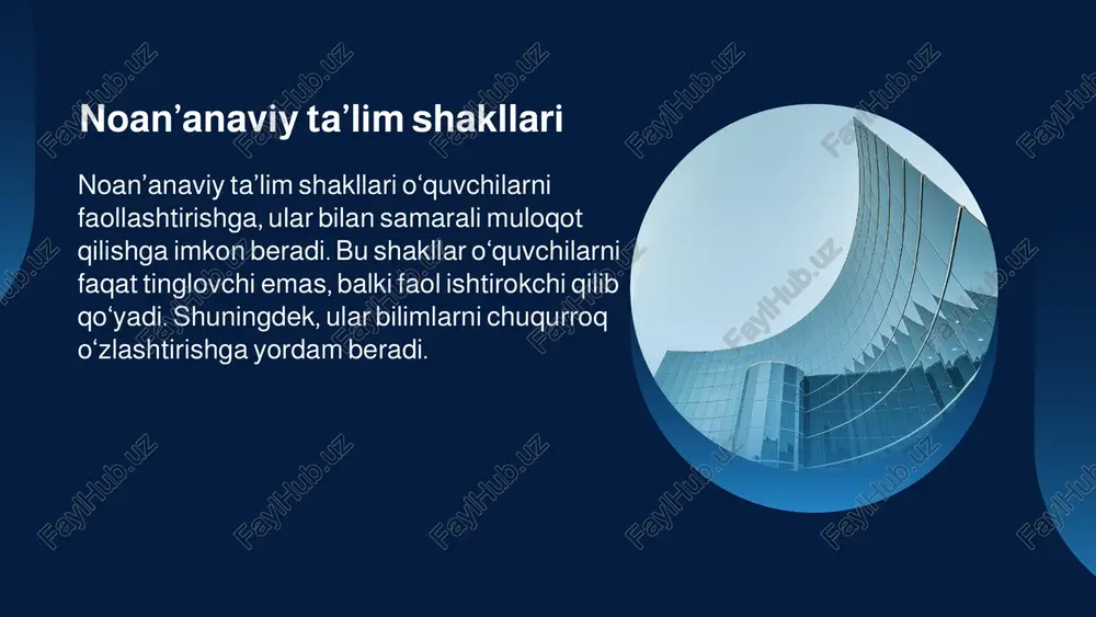 obiliyatlari rivojlanadi. o‘quvchilar muammolarni tahlil qilib, turli yechimlarni mustaqil topishga o‘rgatiladi, bu esa ularning ijodiy va analitik fikrlash ko‘nikmalarini oshiradi. noan’anaviy shakllarning afzalliklari o‘quvchilar bir-biri bilan samarali muloqot qiladi, jamoaviy ish ko‘nikmalarini o‘rganadi. bu esa ularni kelajakda jamiyatda muvaffaqiyatli faoliyat yuritishga tayyorlaydi. ta’lim jarayoni qiziqarli, rang-barang va interfaol bo‘ladi, bu esa o‘quvchilarda o‘qishga bo‘lgan motivatsiyani oshiradi va darslarni zerikarli bo‘lishidan saqlaydi. noan’anaviy ta’lim shakllari zamonaviy texnologiyalar bilan uyg‘unlashib, ta’limni yanada samarali va innovatsion qiladi. bu o‘quvchilarga global bilim makoniga kirish imkonini beradi. noan’anaviy shakllarning afzalliklari noan’anaviy ta’lim shakllari o‘quvchilarning mustaqil o‘rganish va tadqiqot olib borish ko‘nikmalarini rivojlantiradi. bu esa ularga bilimlarni hayotiy vaziyatlarda qo‘llash imkonini beradi. ushbu usullar yordamida o‘quvchilar o‘z qobiliyatlarini kashf etadi va o‘ziga bo‘lgan ishonch oshadi. natijada, ular o‘zini rivojlantirishga yanada faol kirishadi. noan’anaviy shakllarning afzalliklari noan’anaviy shakllarning afzalliklari noan’anaviy shakllar o‘qituvchining ham rolini o‘zgartiradi — u endi faqat bilim beruvchi emas, balki yo‘naltiruvchi va qo‘llab-quvvatlovchi sifatida …