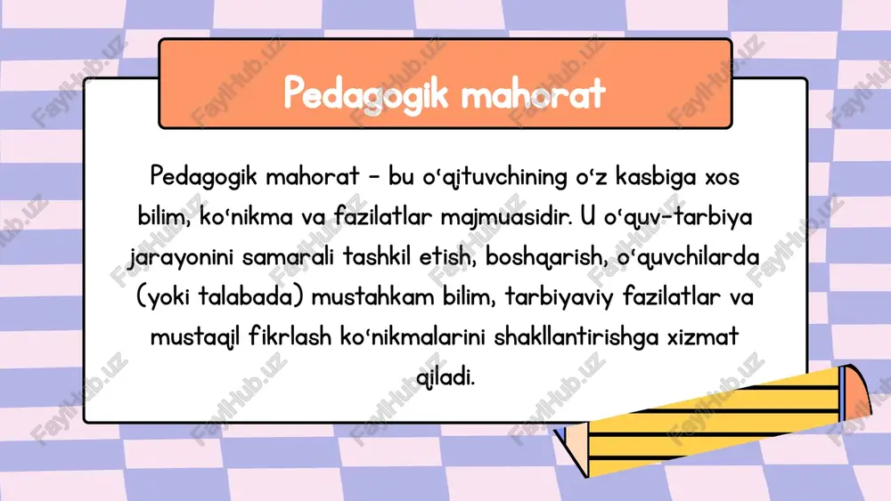anish; differensial yondashuv; refleksiv tahlil (o‘z faoliyatini baholash). kasbiy bilimlar o‘qituvchining o‘z fani bo‘yicha chuqur bilimga ega bo‘lishi bilan birga, pedagogika, psixologiya, didaktika, metodika kabi sohalarda ham yetarli darajada tayyorgarlikka ega bo‘lishini talab etadi. fan bo‘yicha bilim — bu o‘qituvchining poydevori, lekin u yetarli emas. bu bilimni qanday yetkazish, qanday usullar bilan o‘rgatish va qanday natijaga erishish — bu pedagogik mahoratga taalluqli. kasbiy bilimlar kasbiy bilimlar o‘qituvchining o‘z fani bo‘yicha chuqur bilimga ega bo‘lishi bilan birga, pedagogika, psixologiya, didaktika, metodika kabi sohalarda ham yetarli darajada tayyorgarlikka ega bo‘lishini talab etadi. fan bo‘yicha bilim — bu o‘qituvchining poydevori, lekin u yetarli emas. bu bilimni qanday yetkazish, qanday usullar bilan o‘rgatish va qanday natijaga erishish — bu pedagogik mahoratga taalluqli. kasbiy bilimlar kasbiy bilimlar o‘qituvchining o‘z fani bo‘yicha chuqur bilimga ega bo‘lishi bilan birga, pedagogika, psixologiya, didaktika, metodika kabi sohalarda ham yetarli darajada tayyorgarlikka ega bo‘lishini talab etadi. fan bo‘yicha bilim — …