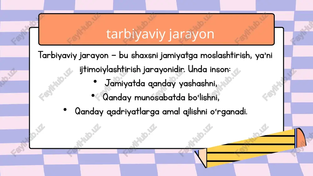 h. normatov, s. (2021). tarbiyaviy psixologiya. toshkent: “ilm ziyo” nashriyoti. — tarbiya jarayonidagi psixologik omillar, shaxsiy rivojlanish. tarbiyaga ta’sir etuvchi omillar ko‘p va xilma-xildir. ularni to‘g‘ri tushunish va hisobga olish orqali tarbiyaviy jarayon samaradorligini oshirish mumkin. talabalar bilan savol-javob o‘tkazib, ularning fikrlarini tinglash va amaliy misollar keltirish tavsiya etiladi. har bir yoshga mos tarbiyaviy muhit yaratish orqali sog‘lom, ma’naviy yetuk shaxslar shakllantiriladi. xulosa etiboringiz uchun raxmat image1.jpeg image2.png image3.svg image3.png image5.svg image4.png image7.svg image8.svg image9.svg image10.svg image5.png image12.svg image6.png image14.svg image15.svg image7.png image17.svg image18.svg image19.svg image8.png image21.svg image9.png image23.svg image24.svg image10.png image11.png image27.svg /docprops/thumbnail.jpeg