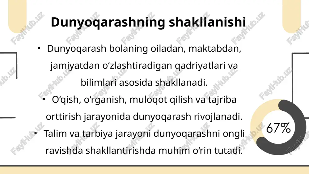 chuqurroq tushunish mumkin. ilmiy va umummadaniy dunyoqarashni rivojlantirishning zamonaviy yondashuvlari 2. globalizatsiya davrida dunyoqarashni kengaytirish globalizatsiya – bu axborot, madaniyat va iqtisodiy aloqalarning butun dunyo bo‘ylab erkin oqib turishidir. talaba nafaqat o‘z milliy qadriyatlarini anglaydi, balki boshqa xalqlar madaniyati, tafakkuri va turmush tarzini ham o‘rganish imkoniga ega bo‘ladi. mavzuga oid savollar ilmiy dunyoqarashni shakllantirishda eng muhim omillar nimalardan iborat? umummadaniy dunyoqarash yoshlarni qanday tarbiyalaydi? talaba o‘qish jarayonida dunyoqarashni qanday kengaytirishi mumkin? xulosa  ilmiy va umummadaniy dunyoqarash shaxsning fikrlash darajasini, dunyoqarash doirasini kengaytiradi. bu jarayon talim va tarbiya orqali, zamonaviy metodlar yordamida samarali amalga oshiriladi. yangi avlod uchun dunyoqarashni to‘g‘ri shakllantirish – barkamol shaxslarni tarbiyalashning asosi. talaba har doim o‘z fikrini ilmiy asoslab, madaniyatni hurmat qilgan holda dunyoni anglashga intilishi kerak. foydalanilgan adabiyotlar abduvaliyev, b. (2019). umumiy pedagogika va ta’lim nazariyasi. toshkent: o‘zbekiston pedagogika universiteti. — tarbiya nazariyasi va tarbiyaga ta’sir etuvchi omillar haqida to’liq tushuntirish. normatov, s. (2021). tarbiyaviy …