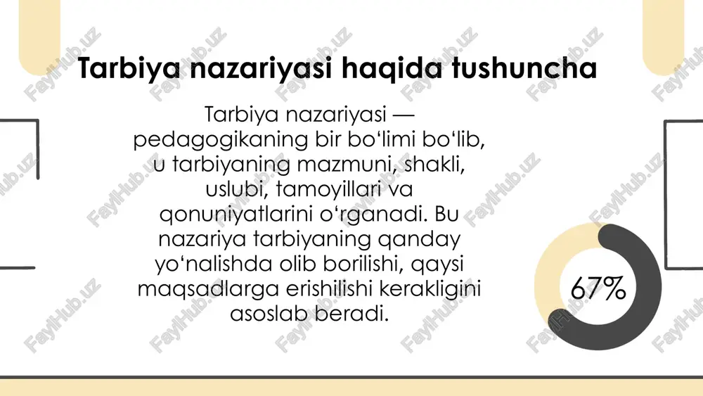 atlari, qobiliyatlari, ehtiyojlari va qiziqishlari hisobga olinadi. tarbiya jarayoni shaxsning o‘ziga moslashtirilgan yondashuvni talab qiladi. tarbiya jarayonining xususiyatlari 4. sistemalilik tarbiya bir necha turdagi ta’lim va tarbiya shakllarini o‘z ichiga oladi va ular bir-birini to‘ldiradi. tarbiya jarayoni tizimli ravishda, barcha jihatlari muvofiqlashtirilgan holda olib boriladi. tarbiya jarayonining xususiyatlari 5. ijtimoiy xarakterga ega bo‘lishi tarbiya shaxsni jamiyatga moslashtirishga, uning ijtimoiy rolini bajarishga tayyorlashga qaratilgan. tarbiya jarayoni jamiyatning madaniy va axloqiy me’yorlariga asoslanadi. tarbiya jarayonining xususiyatlari 6. faollik va o‘zaro ta’sir tarbiya jarayonida tarbiyalanuvchi faolligi muhimdir. tarbiya faqat tashqi ta’sir emas, balki tarbiyalanuvchining o‘z faol ishtirokini talab qiladi. tarbiyachilar va tarbiyalanuvchilar o‘rtasida doimiy muloqot bo‘ladi. mavzuga oid savollar tarbiya nazariyasi nima va uning asosiy vazifalari nimalardan iborat? tarbiya turlariga misollar keltiring va har birining asosiy maqsadini tushuntiring. tarbiya jarayonining qanday xususiyatlari mavjud va ular nima uchun muhim? xulosa tarbiya – jamiyatning ijtimoiy buyurtmasi sifatida shakllanadi va har bir avlodni jamiyatga moslashtirishda asosiy …