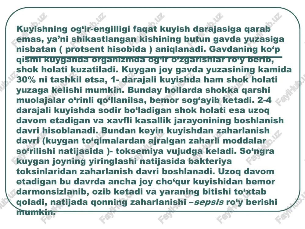 ishlatish uchun mo‘ljallangan maxsus krem, surtma dori, sepma dorilardan, boshqa vositalardan foydalanish ko’z kuyganda, volg’tli yey qilib, 2-3% bor kislotasi bilan ko’zni yuvish va bemorni shifoxonaga eltish lozim. kislotadan kuyganda esa-5% margantsev--kisliy kaliy yoki 10 % istehmol soda yoritmasi bilan yuvish zarur. ishqordan kuyganda–5 foizli uksus yoritmasi yoki bor kislotasi bilan yuvish kerak. ko’zlarni esa 2-3% yoritma bilan yuvish zarur. elektrotravma oziqlanayotgan kuchlanishdan zib olib qyish (uchiruvchi moslama, tugmacha va rubilg’niklar yordamida), agar buning iloji bo’lmasa, u xolda probochnik predoxranitellarni burab chikib olish yoki simlarni tokdan saklaydigaelektr toki ta’siridan ozod etish uchun elektr qurilma (jixozni)ni n qo’l qopchalar bilan utkir jismlar yordamida qismlarga bo’lib, chopib tashlash zarur. birinchi tibbiy yordam. eng avvalo tok ta’sirini to‘xtatish kerak. buning uchun tok uzib qo‘yiladi (rubilnik, vklyuchatel o‘chirilib, probka buraladi), tok urgan odamga tegib turgan sim quruq tayoq bilan olib tashlanadi. oyoqqa kalish kiyish yoki quruq taxtada turish shart. u xonaga olib kiriladi, mahalliy …