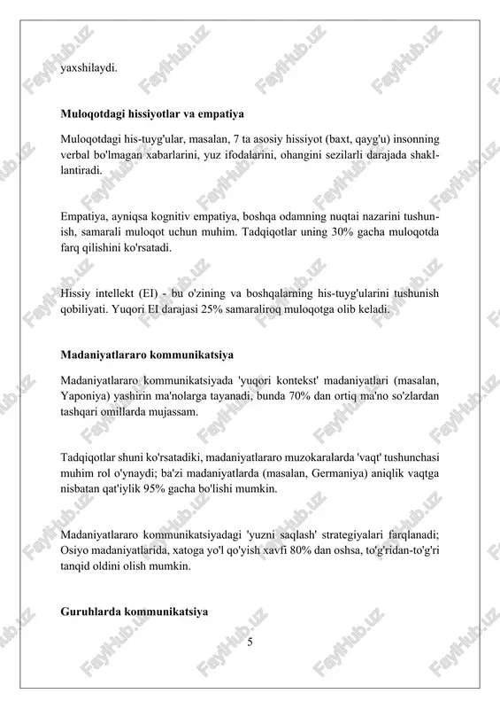vdo hajmi 15% ga oshishi mumkin. xulosa psixologik kommunikatsiya samarali aloqa, munosabatlarni tushunish va o'zaro ta'sirni yaxshilash uchun zaruriy vositadir. foydalanilgan adabiyotlar 1. devito, j. a. (2018). insonlar aro kommunikatsiya: kontekstlar va shaxslararolik. pirson. 2. fisk, j. (2010). kommunikatsiya tadqiqotiga kirish. rutlej. 3. xokkett, ch. f. (1960). tilning kelib chiqishi. ilmiy amerikalik, 203(3), 88-96. 4. knapp, m. l., vargas, s. e 2