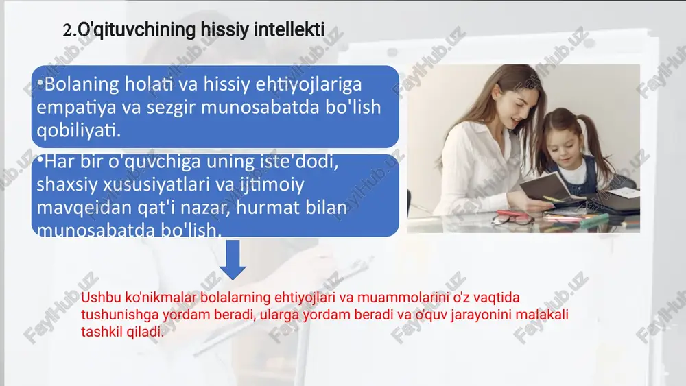 laydi. ularni muntazam ravishda rivojlantirish muhimdir. 30 didaktik mahorat: darsni samarali tashkil etish sanʼati didaktik mahorat – bu oʻqitish jarayonini ilmiy asosda tashkil etish, taʼlim maqsadlariga erishish uchun eng maqbul metodlar va vositalarni tanlash qobiliyatidir. samarali dars – bu oʻquvchining faolligi va qiziqishini uygʻotadigan jarayondir. maqsadni aniqlash darsning taʼlimiy, tarbiyaviy va rivojlantiruvchi maqsadlarini aniq belgilash. materialni tahlil qilish oʻquv materialini oʻquvchilarning yosh xususiyatlariga mos ravishda strukturalash va soddalashtirish. metodlarni tanlash interfaol, muammoli va ijodiy topshiriqlarni oʻz ichiga olgan eng zamonaviy oʻqitish metodlarini tanlash. natijalarni baholash oʻquvchilar bilimini obyektiv va ragʻbatlantiruvchi baholash tizimini qoʻllash. didaktik mahorat, ayniqsa, oʻquvchilarning eʼtiborini doimiy ravishda ushlab turish va ularni bilim olishga undash qobiliyatida namoyon boʻladi. 31 muloqot mahorati: oʻqituvchi va oʻquvchi oʻrtasidagi samarali aloqa muloqot mahorati pedagogik faoliyatning ajralmas qismidir. bu oʻqituvchiga taʼlim jarayonida sogʻlom psixologik muhit yaratishga, nizolarni oldini olishga va oʻquvchilar bilan ishonchli munosabatlar oʻrnatishga yordam beradi. samarali muloqotning asosiy elementlari: 1 tinglash …