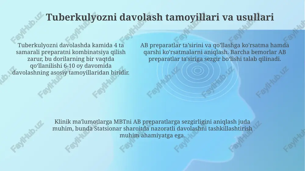 tashrifda vaziyat baholanadi va kerakli choralar ko'riladi. sanator-kurort davolash sanator davolash tuberkulyozga chalingan bemorlar uchun antibakterial preparatlar, sunʼiy pnevmotoraks va jarrohlik muolajalarini uygʻunlashtirib, yaxshi natijalarni taʼminlaydi. tabiiy omillar va gigiyenik parhez tartibi, sanator-kurort davolash samaradorligini oshiradi, tuberkulyozga qarshi kurashda muhim rol oʻynaydi. tabiiy omillar va gigiyenik parhez tartibi, sanator-kurort davolash samaradorligini oshiradi, tuberkulyozga qarshi kurashda muhim rol oʻynaydi. mdt-tb va xdt-tbning oldini olish tb nazorat dasturlari doirasida dori vositalariga chidamli tbni erta aniqlash uchun tezkor molekulyar testlardan foydalanish, natijalarni olish va dori-darmonlarga chidamlilikni kamaytirish juda muhim. mdt-tb va xdt-tbning oldini olish uchun samarali tb nazorat dasturlarini amalga oshirish, erta tashxis qo'yish, dori-darmonlarni to'g'ri qabul qilishni nazorat qilish va infektsiyani nazorat qilish kerak. xdt-tbning oldini olish uchun yuqori xavfli guruhlar orasida profilaktika davolash, infektsiyani nazorat qilish choralarini kuchaytirish va mdt-tb bilan og'rigan bemorlarni intensiv davolash kerak. profilaktik davo choralari «viraj» giperergik reaktsiyasi natijalari fiziator konsultatsiyasi bilan baholanadi, shundan so'ng har yili …