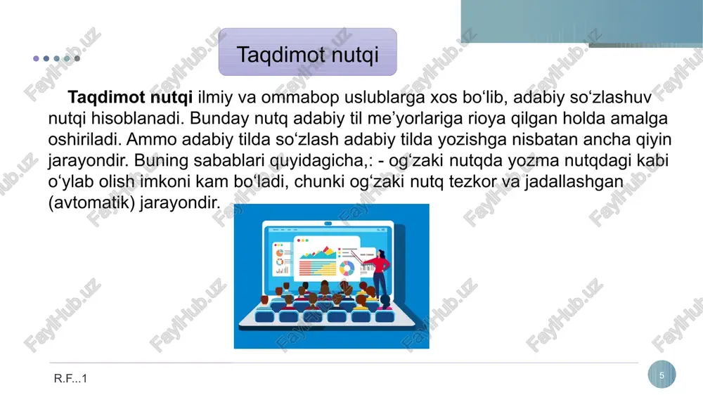 oid maxsus adabiyotlar, qo‘llanma va lug‘atlar orqali, 2) nolingvistik adabiyotlarni (badiiy asarlar, gazeta, jurnallarni) o‘qish hamda radio va televideniye eshittirishlarini tinglash orqali. 4. nutqiy taqlid. nutqiy taqlid ongli faoliyat bo‘lib, oila, ta’lim muassasasi, atrof-muhitdan o‘rganish va til ustida mustaqil shug‘ullanish orqali amalga oshadi. r.f...1 taqdimot vaqti cheklanganligi sababli, taqdimotda ko‘rsatilgan asosiy g‘oyalar soni kamaytirilishi kerak. (ikkitadan beshtagacha band tavsiya etiladi). shuning uchun taqdimotda kamroq bandlarni kiritish yaxshiroqdir, chunki mohiyatini ochib berishda har bir bandning dalillarini taqdim etish kerak. 24 r.f...2 taqdimot r.f...1 25 r.f...2 asarlar matnlari leksik va uslubiy savodxonlik nuqtai nazaridan tekshirilishi kerak. matnda keltirilgan tarixiy sanalar va faktlarni ma’lumotnomalar va entsiklopediyalarda tekshirish kerak; shaxslarning familiyalari, ismlari va otasining ismlari, yashash sanalari; murakkab ilmiy so‘zlar va iboralardan to‘g‘ri foydalaning. maxsus atamalar va tushunchalardan foydalanganda asar oxirida lug‘at berish shart emas, lekin asar muallifi to‘liq tushungan taqdirdagina professional so‘z boyligidan foydalanish zarur. ish uchun arizalar izohli bo‘lishi kerak. (fotosuratlar, diagrammalar, …