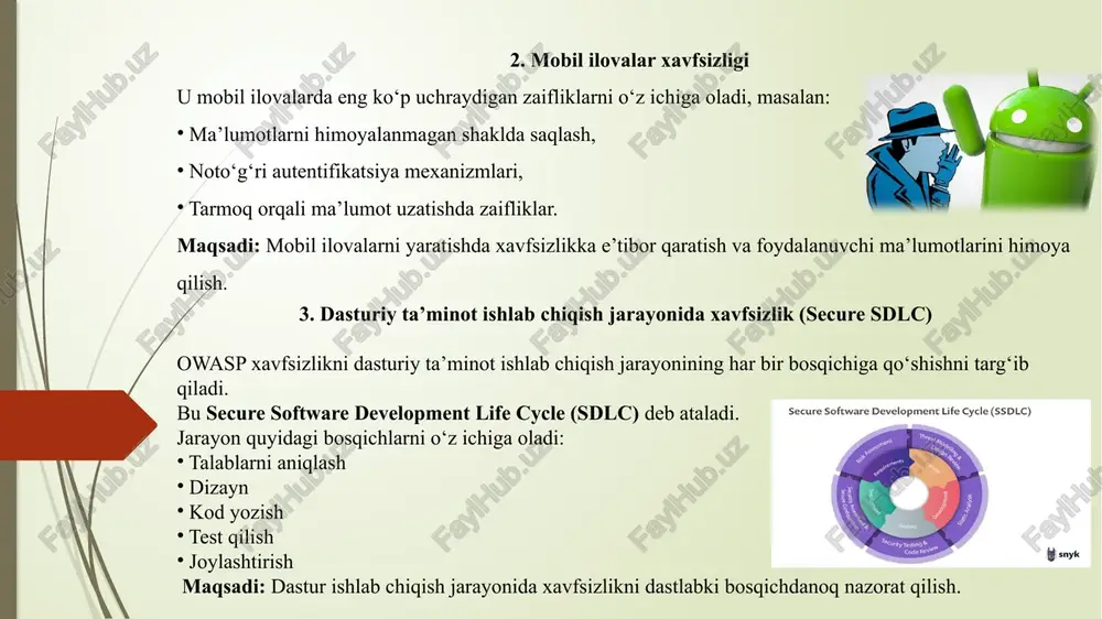 ulanadi. natijada xaker server ichidagi maxfiy sahifalarga kirish imkoniga ega bo‘lishi mumkin. nima xavfli? xaker server ichidagi yopiq ma’lumotlarga kirishi mumkin. ichki api-lar yoki ma’lumotlar bazasi manzillarini bilib olishi mumkin. hatto serverda buyrug‘larni bajarish (command execution) ham mumkin bo‘ladi. 4.umumiy xulosa owasp faoliyati nafaqat texnik bilimlarni oshirish, balki axborot xavfsizligi madaniyatini shakllantirishga ham qaratilgan. bugungi kunda kiberxavfsizlik har bir tashkilot uchun muhim bo‘lib, ayniqsa veb-ilovalar orqali xizmat ko‘rsatuvchi kompaniyalar uchun owasp standartlariga amal qilish zarur hisoblanadi. owasp’ning amaliy ahamiyati xavflarni kamaytiradi: owasp tavsiyalari asosida ishlab chiqilgan dasturlar xakerlik hujumlariga kamroq moyil bo‘ladi. ishonchni oshiradi: foydalanuvchilar xavfsiz tizimga ko‘proq ishonch bildiradi. kompaniyaga foyda keltiradi: ma’lumotlar sizib chiqishining oldini olish orqali moliyaviy va imijiy yo‘qotishlardan saqlaydi. xalqaro darajada tan olingan: owasp standartlari ko‘plab kompaniyalar, jumladan google, microsoft, ibm va boshqalar tomonidan qo‘llaniladi. image1.png image2.jpg image3.jpeg image4.png image5.jpg image6.jpg image7.jpg image8.png image9.jpeg image10.jpeg image11.jpg safety concept: closed padlock and website security with optical …