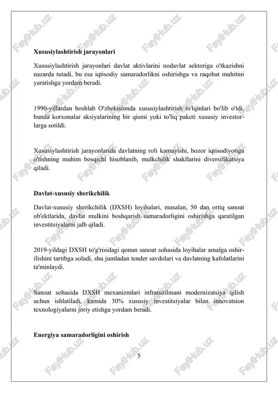 ing oshishiga yordam beradi. klasterlar uchun infratuzilma loyihalarini moliyalashtirish davlat tomonidan qo'llab-quvvatlanadi, jumladan, transport, energiya va kommunikatsiya tarmoqlarini modernizatsiya qilish investitsiyalari. 2024-yilga kelib klasterlar mahsulotlarining eksport hajmini 20 foizga oshirish rejalashtirilgan, bu esa xalqaro bozorlarda raqobatbardoshlikni ta'minlashga qaratilgan. xulosa sanoat ishlab chiqarishi sohasida amalga oshirilgan islohotlar sohani rivojlantirish, raqobatbardoshlikni oshirish va yangi texnologiyalarni joriy etishga xizmat qilmoqda. foydalanilgan adabiyotlar 1. o'zbekiston respublikasi prezidentining 2017-yil 7-fevraldagi pf-4947-sonli “o'zbekiston respublikasini yanada rivojlantirish bo'yicha harakatlar strategiyasi to'g'risida”gi farmoni. 2. o'zbekiston respublikasi prezidentining 2019-yil 24-yanvardagi pf-5644-sonli “iqtisodiyotni rivojlantirish va investitsiyalarni jalb qilish sohasida davlat siyosatining samaradorligini oshirish chora-tadbirlari to'g'risida”gi farmoni. 3 0 0 0 7