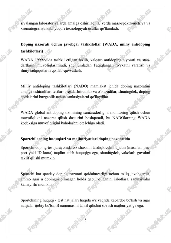 lishi, qoidalarga qatʼiy rioya etishi va 0% korrupsiyaga yoʻl qoʻymasligi kerak, bu esa ishonchli natijalarni kafolatlaydi. savol-javoblar 'savol-javoblar' dopingga qarshi tadbirlar kontekstida sportchilar va xodimlar tomonidan berilgan savollarga javob berish uchun ishlatiladi, tartib-qoidalar va sanksiyalarni aniqlashtirish. ushbu bo'limda dopinga oid asosiy tushunchalar, masalan, taqiqlangan moddalar ro'yxati (2024 yil versiyasi) va terapevtik maqsadlarda foydalanish istisnolari (tmfqi) to'g'risida ma'lumot beriladi. 'savol-javoblar' dopinga qarshi nazorat jarayoni, shu jumladan namunalar yig'ish protokoli va test natijalarini boshqarish (masalan, a va b namunalari tahlili) haqida tushuntirishlar beradi. xulosa doping haqida ma'lumot olish va nazorat o'tkazish bo'yicha bilim orttirish, sportda halollik va adolatni ta'minlash uchun muhim ahamiyatga ega. foydalanilgan adabiyotlar 1. doping haqida ma'lumot qidirish, doping nazoratini o'tkazish haqida ma'lumot olish. 2. jahon antidoping agentligi (wada) qoidalari. 3. milliy antidoping tashkiloti (nado) veb-sayti. 4. xalqaro olimpiya qo'mitasi (xoq) antidoping dasturi. 5. sport tibbiyoti jurnallari va maqolalari. 6 0 0 0 7