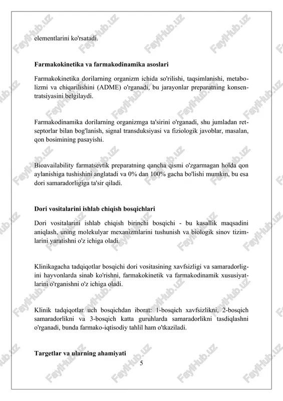 orqali dori vositasining organizmga ta'sirini tushunishga yordam beradi, bu esa 70-80% dori vositalarining muvaffaqiyatsizligining oldini oladi. xulosa xulosa farmatsevtika mahsulotlarining samaradorligi va xavfsizligini baholash, klinik sinovlar natijalarini tahlil qilish va tasdiqlash jarayonlarini o'z ichiga oladi. xulosada yangi dori vositalarining molekulyar tuzilishini optimallashtirish, maqsadli ta'sir mexanizmlarini aniqlash va potentsial nojo'ya ta'sirlarni kamaytirish muhim ahamiyatga ega. farmatsevtika xulosasi dori vositalarining bioavailability, metabolizm va farmakokinetikasini tushunishni talab etadi, bu esa dozalash rejimlarini optimallashtirish uchun zarurdir. xulosa dorivor kimyo yangi dori vositalarini yaratish, mavjudlarini takomillashtirish va ularning ta'sir mexanizmlarini o'rganish orqali sog'liqni saqlashga muhim hissa qo'shadi. foydalanilgan adabiyotlar 1. kuhnen, g. (2011). medicinal chemistry: from structure to therapeutics. wiley-vch. 2. patrick, g. l. (2017). an introduction to medicinal chemistry. oxford university press. 3. delgado, j. n., remers, w. a. (eds.). (2012) 0 0 0 7