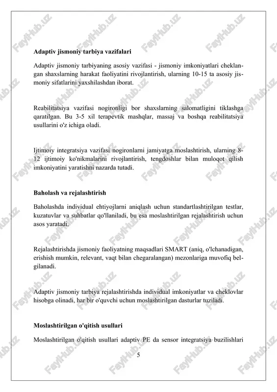 yatlar va moslashuvchan jismoniy faoliyatga javoblar o'rtasidagi bog'liqlikni o'rganish orqali individual dasturlarni optimallashtirishi mumkin. data mining texnikasi orqali katta hajmdagi ma'lumotlarni tahlil qilish, o'quvchilarning muvaffaqiyati va kamchiliklarini aniqlash orqali moslashuvchan pe strategiyalarini yaxshilash uchun ishlatilishi mumkin. xulosa moslashuvchan jismoniy tarbiya tamoyillari va vazifalari nogironligi bo'lgan shaxslarga moslashtirilgan, xavfsiz va samarali jismoniy mashqlar dasturlarini taqdim etish orqali ularning imkoniyatlarini kengaytirishga qaratilgan. foydalanilgan adabiyotlar 1. auxter, j. l., pyfer, j. l., huettig, c. (2019). adaptiv jismoniy tarbiya va rekreatsiya. (13-nashr). jones bartlett learning. 2. sherrill, c. (2004). adaptiv jismoniy tarbiya, rekreatsiya va sport: o'zaro hayot davomiyligi. (6-nashr). mcgraw-hill. 3. winnick, j. p 0 0 0 7