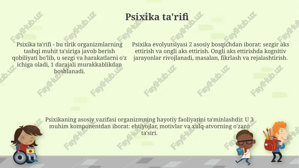 , masalan, yaponiya madaniyatida xafagarchilikni yashirish odati, bu esa emotsiyalarni boshqarishning 2 xil usulini (repressiya va ifoda) keltirib chiqaradi. psixikaning filogenetik taraqqiyotiga oid nazariyalar psixikaning antropogenez nazariyasi mehnat faoliyati, ijtimoiy munosabatlar va nutqning rivojlanishi psixikaning evolyutsiyasida 3 ta asosiy omil ekanligini ta'kidlaydi. biologik determinizm nazariyasi psixikaning filogenetik rivojlanishini genetik omillar va instinktlar bilan bog'laydi, bu esa 70% atrofida irsiyatga bog'liq bo'lishini ko'rsatadi. biologik determinizm nazariyasi psixikaning filogenetik rivojlanishini genetik omillar va instinktlar bilan bog'laydi, bu esa 70% atrofida irsiyatga bog'liq bo'lishini ko'rsatadi. miyaning evolyutsiyasi va psixika neokorteksning rivojlanishi, ayniqsa primatlarda, murakkab ijtimoiy xatti-harakatlar va emotsional javoblar uchun asos bo'lib xizmat qildi, bu esa individual psixikaning shakllanishiga ta'sir etdi. miyaning evolyutsiyasi 500 million yil davomida sodir bo'lgan bo'lib, miya hajmi va tuzilishidagi o'zgarishlar kognitiv qobiliyatlar, masalan, xotira va muammolarni hal qilish imkoniyatlarini oshirgan. genlar va muhitning o'zaro ta'siri psixikaning shakllanishida muhim rol o'ynaydi; masalan, foxp2 geni til rivojlanishiga ta'sir qiladi, lekin …