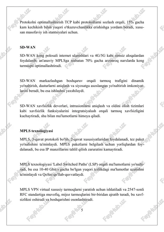 access (ztna) arxitekturalari keng qo'llaniladi, bu har bir foydalanuvchi va qurilmaga doimiy ravishda ishonchni tasdiqlashni talab etadi. 5g va keyingi avlod mobil aloqa texnologiyalari korxonalar uchun yuqori tezlikdagi, kam kechikishli wan ulanishlarini ta'minlaydi, ayniqsa chekka joylarda va mobil ishchilar uchun. sd-wan o'zgaruvchan biznes talablariga moslashuvchanlikni oshirish uchun ai va mashinani o'rganish texnologiyalari bilan integratsiyalashadi, dinamik marshrutlash va resurslarni optimallashtirishni ta'minlaydi. xulosa xulosa wan texnologiyalari loyihasining umumiy maqsadlari, xarajatlari va kutilayotgan foydalari kabi asosiy elementlarni qamrab olgan 10-15 daqiqalik taqdimot bo'lishi kerak. xulosada dastlabki rejalashtirish bosqichidan boshlab, joriy etishning 5 bosqichi va kelajakdagi optimallashtirish imkoniyatlarigacha bo'lgan muhim bosqichlar ta'kidlanadi. yakuniy xulosada kompaniyaning keng ko'lamli tarmoq arxitekturasining samaradorligi 35 foizga oshishi hamda xavfsizlik darajasi sezilarli yaxshilanishi qayd etilishi kerak. xulosa wan texnologiyasi korporativ aloqa uchun muhim bo'lib, keng qamrovli xizmatlar va infratuzilmani taqdim etadi. bu global miqyosda samarali ishlash imkonini beradi. foydalanilgan adabiyotlar 1. tanenbaum, a. s., wetherall, d. j. (2011). kompyuter …