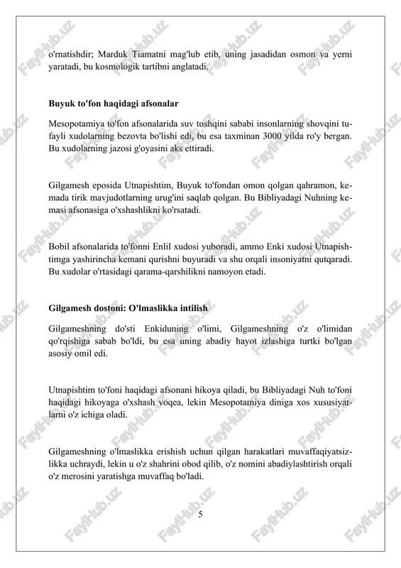 masligi 2/3 qismini xudo ekanligi bilan bog'liq. ko'pincha, xulosalar axloqiy saboqlarni o'z ichiga oladi, mesopotamiya matnlarida esa, hukmdorlarning xudolarga itoatkorligi va 7 kunlik muhim ahamiyati kabi asosiy g'oyalar ta'kidlanadi. epik asarlarda xulosa qahramonning o'zgarishini ko'rsatadi, masalan, ishtar afsonasida, uning yer osti dunyosiga tushishi va 14 qismli zargarlik buyumlarining ahamiyati bilan bog'liq. xulosa mesopotamiya afsonalarining o'ziga xosligi shundaki, ular diniy, tarixiy va madaniy elementlarning noyob uyg'unligini aks ettiradi. foydalanilgan adabiyotlar 1. bottéro, j. (2001). din va mesopotil. chikago universiteti nashriyoti. 2. dalley, s. (1989). mesopotamiyalik afsonalar. oksford universiteti nashriyoti. 3. jacobsen, t. (1976). xazinalar oldida: mesopotamiyalik dinning nazariyasi. yale universiteti nashriyoti. 4. kramer, s. n. (1961). tarix sumerda boshlanadi 0 0 0 7