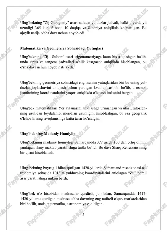 a olingan ma’lumotlar jamlangan bo‘lib, u o‘sha davr astronomiyasi uchun muhim manba bo‘lib xizmat qilgan. ulug‘bekning “xulosa”sidagi yulduzlar katalogi ptolemeyning “almagest”idan keyingi eng aniq kataloglardan biri hisoblanadi, unda yulduzlar koordinatalari yuqori aniqlik bilan berilgan. xulosa mirzo ulug'bek davlat arbobi va qomusiy olim sifatida ilm-fan rivojiga bebaho hissa qo'shdi, uning merosi bugungi kunda ham ahamiyatli. foydalanilgan adabiyotlar 1. abdullayev, i. "mirzo ulug'bekning davlat arbobi sifatidagi faoliyati." toshkent: fan, 1994. 2. ahmedov, b.a. "ulug'bek." toshkent: o'zbekiston milliy ensiklopediyasi, 2008. 3. bulbnikova, g.s. "mirzo ulugbek va uning astronomik maktabi." toshkent: fan, 1984. 4. qori-niyoziy, t.n. "ulug'bekning astronomik maktabi 0 0 0 7