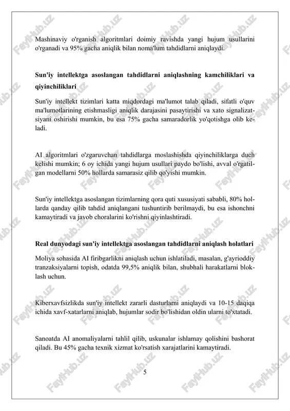 qarshi kurashish bo'yicha tadqiqotlar 2030 yilga borib kvant hujumlari xavfini kamaytirish uchun yangi kriptografik algoritmlarni yaratadi. xulosa xulosa ai yordamida tahdidlarni aniqlash texnologiyasining 95% gacha aniqligi bilan ta'minlanishi va 60% gacha vaqtni tejash imkoniyatini berishini tasdiqlaydi. tadqiqot shuni ko'rsatadiki, ai tahdidlarni aniqlash tizimlari, avtomatlashtirilgan javoblar orqali, xavfsizlik hodisalarini 75% gacha kamaytiradi. ai modellarini qo'llash orqali tahdidlarni aniqlashda 80% samaradorlikka erishish, katta hajmdagi ma'lumotlarni tahlil qilish va anomaliyalarni aniqlashga yordam beradi. xulosa sun'iy intellekt tahdidlarni aniqlashda istiqbolli yechim bo'lib, xavfsizlikni yaxshilash va hujumlarga tezroq javob berish imkonini beradi. foydalanilgan adabiyotlar 1. sun, y., et al. "sun'iy intellektga asoslangan tahdidlarni aniqlash: sharh." kompyuter xavfsizligi bo'yicha kompyuter tekshiruvi 67 (2017): 47-63. 2. buczak, a. l., va guven, e. "kiberxavfsizlik uchun ma'lumotlarni qazish usullari." amaliy ma'lumotlar fanlari va ishlatish sohasidagi yangiliklar 10 0 0 0 7