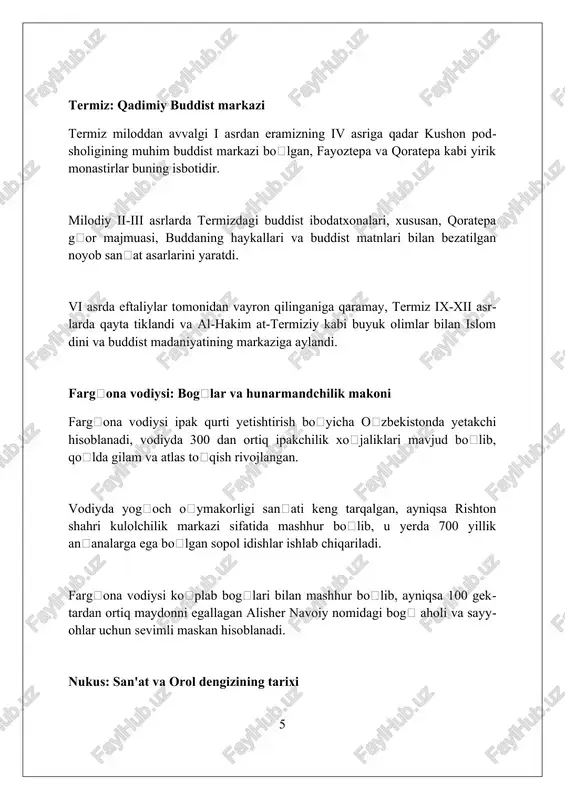 urilishidan oldin, mitan vohasi o'zining 1500 gektardan ortiq maydonga ega bo'lgan bog'lari va uzumzorlari bilan mashhur bo'lgan; ushbu hudud sug'orish orqali rivojlangan. qadimiy raboti malik karvonsaroyi xi asrda qurilgan bo'lib, buyuk ipak yo'lida sayohatchilar uchun xizmat qilgan; uning saqlanib qolgan darvozasi monumental arxitekturaning namunasidir. xulosa o'zbekiston turizm mintaqalari boy madaniyati, tarixiy obidalari va tabiiy go'zalliklari bilan sayyohlarni o'ziga jalb etadi, bu esa mamlakat turizmini yanada rivojlantirish uchun katta imkoniyatlar yaratadi. foydalanilgan adabiyotlar 1. o‘zbekiston respublikasi turizmni rivojlantirish davlat qo‘mitasi. "o‘zbekiston bo‘ylab sayohat." toshkent, 2019. 2. to‘xtayev, a., va boshqalar. "o‘zbekistonning turistik geografiyasi." toshkent: o‘zbekiston milliy ensiklopediyasi davlat ilmiy nashriyoti, 2010. 3 0 0 0 7