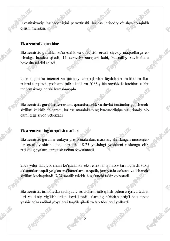 a shuni ko'rsatadiki, radikallashuvga qarshi kurashda keng qamrovli strategiyalar, jumladan, ta'limni kuchaytirish, ijtimoiy integratsiyani rivojlantirish va 7/24 kuzatuv muhim ahamiyatga ega. xulosa, kibermakonda ekstremistik targ'ibotning 95% ortishi, internet platformalarining mas'uliyatini oshirish zarurligini va raqamli savodxonlikni oshirishni ta'kidlaydi. xulosa ekstremizm milliy xavfsizlikka jiddiy tahdid soladi, barqarorlikni buzadi va jamiyatni parchalaydi, shuning uchun unga qarshi kurashish ustuvor vazifa bo'lishi kerak. foydalanilgan adabiyotlar 1. ekstremizm milliy xavfsizlikka tahdid sifatida. (mavzuga umumiy ishora) 2. hoffman, b. (2006). insaydlarni qidirish: terrorizm tadqiqotlarining kelajagi. rand korporatsiyasi. 3. neumann, p. r. (2013). eski va yangi ekstremizm. xalqaro masalalar, 89(1), 31-43. 4. schmid, a. p. (2017) 0 0 0 7