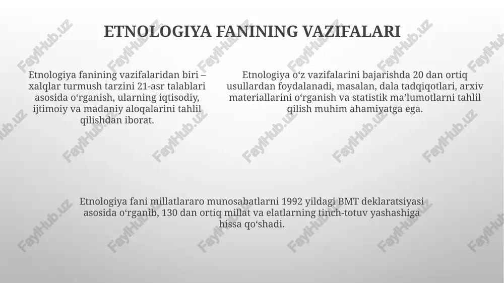 atolaridan tayyorlanadi, bu matolar 19-asrda keng tarqalgan bo'lib, ularning yorqin ranglari va tabiiy bo'yoqlari 7 ta asosiy elementdan iborat bezaklarni yaratadi. o'zbek etnologiyasining metodologik asoslari oʻzbek etnologiyasining metodologik asoslari 19-20-asr boshlarida shakllandi, bunda tarixiy-qiyosiy usul muhim rol oʻynab, xalq madaniyatini tadqiq qilishda qoʻllanildi. oʻzbek etnologiyasida sistemali yondashuv, ayniqsa 21-asrda, etnografik ma'lumotlarni kompleks o'rganish va tahlil qilishda keng qo'llanilmoqda. oʻzbek etnologiyasida sistemali yondashuv, ayniqsa 21-asrda, etnografik ma'lumotlarni kompleks o'rganish va tahlil qilishda keng qo'llanilmoqda. etnologiyaning boshqa fanlar bilan aloqasi tilshunoslik etnologiyaga yordam beradi, chunki til nafaqat aloqa vositasi, balki madaniyatning 70 foizini aks ettiradi, etnogenezni o'rganishda muhim ahamiyatga ega. etnologiya arxeologiya bilan chambarchas bog'liq, chunki arxeologik topilmalar qadimgi madaniyatlar va ularning evolyutsiyasi haqida 5000 yillik ma'lumot berib, etnologik tadqiqotlarni boyitadi. folkloristika etnologiyaga og'zaki ijod namunalarini tahlil qilish orqali yordam beradi, bu esa xalqning dunyoqarashi, urf-odatlari va 60 foiz ma'naviy hayotini o'rganishga imkon beradi. e'tiboringiz uchun rahmat image3.png image1.png image2.png