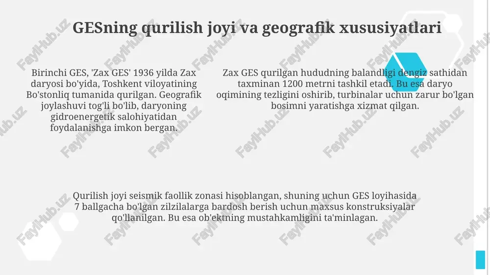 hun istiqbollar birinchi ges tajribasi erta texnologiyalarning ishonchliligini oshirish va 20-asr texnik xodimlarini o'qitish zarurligini ko'rsatdi, kelajak uchun yangi elektr stansiyalarini qurishda muhim saboq bo'ldi. o'rta osiyo mintaqasida gidroenergetika salohiyatini to'liq ishga solish uchun, 1930-yillarda o'zbekistonda ges qurilishi mahalliy resurslarni baholash va investitsiya strategiyalarini ishlab chiqishga turtki bo'ldi. o'rta osiyo mintaqasida gidroenergetika salohiyatini to'liq ishga solish uchun, 1930-yillarda o'zbekistonda ges qurilishi mahalliy resurslarni baholash va investitsiya strategiyalarini ishlab chiqishga turtki bo'ldi. xulosa va yakuniy fikrlar 1920-yillarda qurilgan ushbu stansiya, mamlakatning sanoatlashuvi va qishloq xo'jaligini rivojlantirishda muhim rol o'ynab, 10 yildan ortiq xizmat qildi. birinchi gidroelektr stansiyasi 1926-yilda ishga tushirilgan bo'lib, 3.6 mvt quvvatga ega bo'lgan. bu o'zbekistonda elektrifikatsiya sohasida muhim qadam bo'ldi. gidroenergetika sohasidagi ilk loyiha o'zbekiston uchun katta tajriba bo'ldi, keyingi gidroelektr stansiyalari qurilishiga zamin yaratdi va rivojlanishga turtki berdi. e'tiboringiz uchun rahmat