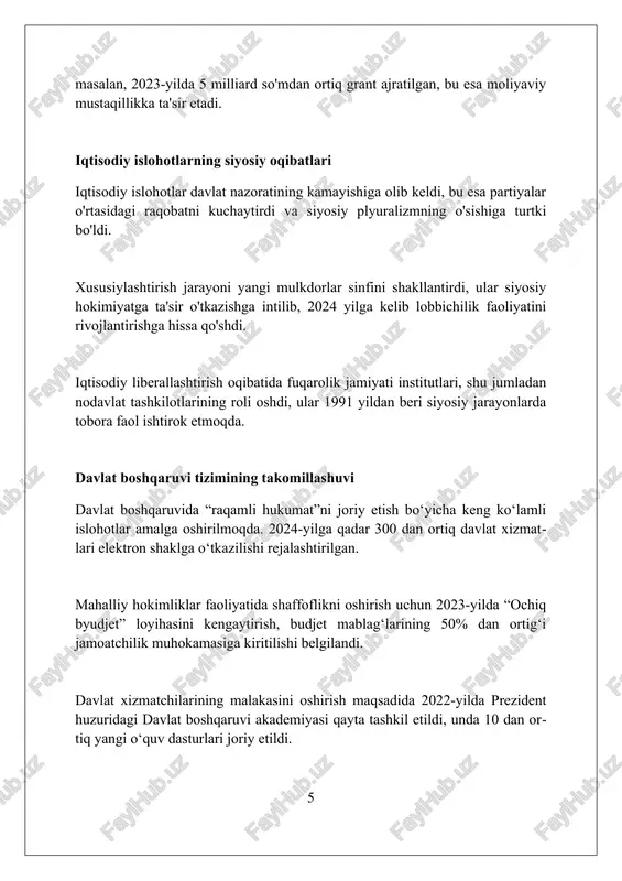 entligi tashkil etildi va 14 ta asosiy vazifalar belgilandi. siyosiy jarayonlarning istiqbollari 2026-yilga mo‘ljallangan konstitutsiyaviy islohotlar mahalliy hokimiyatni kuchaytirish, fuqarolarning huquqlarini kengaytirish va siyosiy partiyalarning rolini oshirishga qaratilgan. o'zbekistonning 2030-yilgacha bo'lgan milliy taraqqiyot strategiyasida davlat boshqaruvini raqamlashtirish, korrupsiyaga qarshi kurashish va iqtisodiy liberallashtirish siyosati ustuvor hisoblanadi. 2024-yilgi prezidentlik saylovlari siyosiy raqobatning oshishi, fuqarolik jamiyati institutlarining mustahkamlanishi va saylov qonunchiligining takomillashuvi bilan xarakterlanadi. xulosa o'zbekistonda amalga oshirilayotgan siyosiy jarayonlar islohotlar yo'lidan borayotgan bo'lib, bu davlat va jamiyat hayotida sezilarli o'zgarishlarga olib kelishi mumkin. foydalanilgan adabiyotlar 1. o'zbekistonda siyosiy jarayonlar: islohotlar, muammolar va istiqbollar. toshkent: "sharq" nashriyoti, 2023. 2. rahimov, a. o'zbekiston siyosiy tizimining transformatsiyasi. "jamiyat va boshqaruv" jurnali, 2022, 3-son, 45-58 betlar. 3. karimov, i.a. o'zbekiston mustaqillikka erishish ostonasida. toshkent: "o'zbekiston" nashriyoti, 2011. 4 0 0 0 7