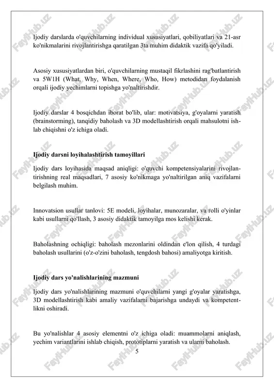 lari misolida, ijodkorlikning biznesdagi ahamiyati va 10 yillik rivojlanish rejalari o'rganiladi. matematikada 'fibonachchi ketma-ketligi'ni o'rganishda, oltin nisbatning tabiat va san'atdagi 1.618 ta ijodiy namoyonlari aniqlanadi, bu esa ijodni rivojlantiradi. xulosa ijodkorlikni tashxislash va ijodiy dars yo'nalishlarining psixologik asoslari o'qituvchilarga samaraliroq dars berishga yordam beradi va talabalarning ijodiy salohiyatini oshiradi. foydalanilgan adabiyotlar 1. ijodkorlik va uni tashxislash. 2. ijodiy dars yo'nalishlarining mazmuni va psixologik asoslari. 3. [muallif ismi, nashr yili] - ijodkorlikning psixologik asoslari. 4. [muallif ismi, nashr yili] - ta'limda ijodkorlikni rivojlantirish. 5 0 0 0 7
