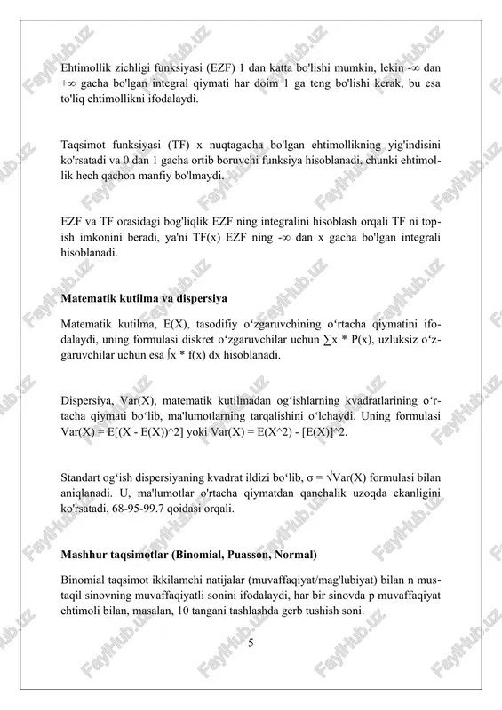 n. bu 0 dan 1 gacha bo'lgan qiymatda ifodalanadi. ehtimollik nazariyasining xulosasi, ko'pincha, xatoliklarni hisobga olgan holda, bir nechta dalillarga asoslanib, eng ehtimolli natijani aniqlash uchun maksimal ehtimollik usulini (mle) qo'llashni o'z ichiga oladi. yakuniy xulosa, ehtimollik nazariyasida, monte-karlo simulyatsiyalari orqali noma'lum parametrlar yoki hodisalar bo'yicha taxminiy taqsimotlarni yaratishni anglatishi mumkin, minglab yoki millionlab urinishlar bilan. xulosa ehtimollar nazariyasi amaliyotda keng qo'llaniladi, noaniqlikni modellashtirish va qaror qabul qilish uchun kuchli vosita bo'lib xizmat qiladi. foydalanilgan adabiyotlar 1. feller, v. (1968). ehtimollar nazariyasiga kirish va uning qo'llanilishi. jild 1. wiley. 2. ross, s. m. (2019). ehtimollar nazariyasi bo'yicha birinchi kurs. pearson. 3. shiryaev, a. n. (1996). ehtimol. springer. 4. bilsli, p. (1995). ehtimol va o'lchov. wiley. 5 0 0 0 7