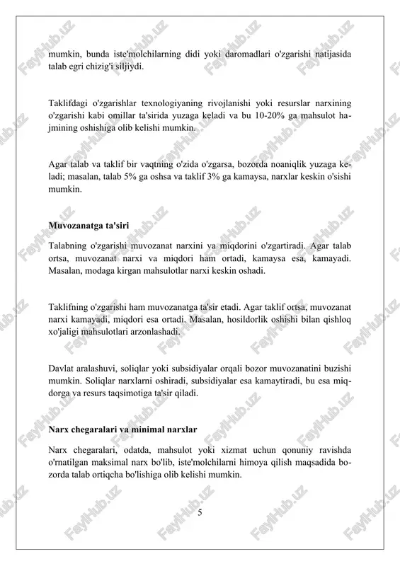 ida o'zgarishi mumkin, bu esa 1-bosqichda talab yoki taklif egri chizig'ining siljishiga olib keladi. muvozanat holatidan chetga chiqish, masalan, davlat aralashuvi (narx chegarasi) 2 xil natijaga olib kelishi mumkin: defisit yoki ortiqcha taklif, bu esa bozor samaradorligini pasaytiradi, aniqroq qilib aytganda 50% ga. xulosa bozor muvozanati talab va taklif kuchlari tenglashgan holat bo'lib, optimal narx va miqdorga erishiladi, bu esa resurslarning samarali taqsimlanishiga olib keladi. foydalanilgan adabiyotlar 1. mankiw, n. g. (2020). iqtisodiyot asoslari (8-nashr). cengage learning. 2. samuelson, p. a., nordhaus, w. d. (2010). iqtisodiyot (19-nashr). mcgraw-hill/irwin. 3. varian, h. r. (2010). mikroiqtisodiyot: zamonaviy yondashuv (8-nashr). w. w. norton company. 4. pindyck, r. s 0 0 0 7