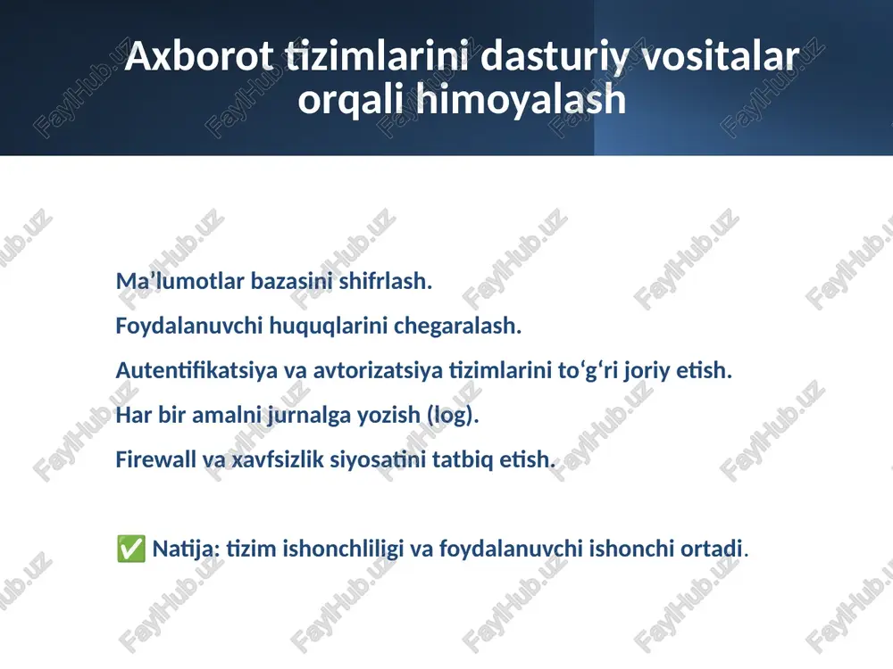 vfsizlikni keyingi bosqichga emas, balki loyihaning dastlabki bosqichidan boshlab e’tiborga olish zarur. “security by design” yondashuvi dasturiy tizimning barqarorligi, ishonchliligi va uzoq muddatli ishlashini ta’minlaydi. bunda xavfsizlik — qo‘shimcha modul emas, balki tizim arxitekturasining ajralmas qismi hisoblanadi. shuningdek, xavfsizlikka tahdidlarning katta qismi inson omiliga bog‘liq bo‘lgani sababli, dasturchilar va tizim ma’murlarini muntazam o‘qitish, audit va nazorat jarayonlarini yo‘lga qo‘yish muhimdir. natijada, xavfsizlik tamoyillariga (maxfiylik, butunlik, mavjudlik) asoslangan dasturlar nafaqat texnik jihatdan mustahkam bo‘ladi, balki raqamli iqtisodiyotning ishonchli poydevorini ham yaratadi. /docprops/thumbnail.jpeg