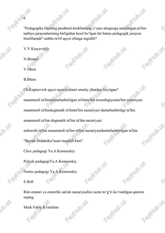 odi ptkazilish sharoitlariga koʻra qanday turlarga boʻlinadi? tabiiy va tajribaviy normal va ijtimoiy tor va keng induksiya va deduksiya pedagogik jarayonning umumiy qonuniyatlari nechta? 7ta 5ta 6ta 4ta pedagogik jarayon-bu.. shaxsni oʻz-oʻzini namoyon qilishi va toʻliq rivojlanishini,subyektlarning ijodkorligi va hamkorligini ,ta'lim va tarbiya birligini xarakterlovchi yaxlit oʻquv tarbiyaviy jarayon shaxsni oʻz oʻzini namoyon qiluvchi jarayon pedagogik tizimni shakllantiruvchi jarayon ta'lim va tarbiya mutanosibligi yaxlit pedagogik jarayon gʻoyasi nechinchi asrda paydo boʻlgan? xix asr boshlarida xix asrda xx asrda xii asrda yaxlit pedagogik jarayon nazariyasini ishlab chiqqan olimlar qaysilar? k.ushinskiyp.kaptereva.pinkevichp.blonskiy k.ushinskiyp.kaptereva.pinkevichya.a.komenskiy k.ushinskiyp.kaptereva.pinkevich k.dyounr.bekonk.ushinskiy yaxlit pedagogik jarayon funksiyalari qaysilar? tarbiyaviyta'limiy rivojlantiruvchiijtimoiylashtirish tarbiyaviyta'limiy rivojlantiruvchi tarbiyaviyrivojlantiruvchiijtimoiylashtirish ta'limiy tarbiyaviy rivojlantiruvchi bir butunlik pedagogik jarayon o’zgaruvchan xarakterda, jarayonni boshlanishidan yakuniy bosqichgacha pedagog va mtarbiyalanuvchilarning o’zxaro xamkorligi qaysi qonuniyatda o’z ifodasini topadi dinamiklik qonuniyati o’zgaruvchanlik qonuniyati boshqarish qonuniyati stimullashtirish qonuniyati shaxs rivojlanish tempi va erishilganlik darajasi irsiyatga, tarbiyaviy o’quv muhitga, o’quv tarbiyaviy faoliyatga kirishuvga, pedagogik ta’sir ko’rsatishning …