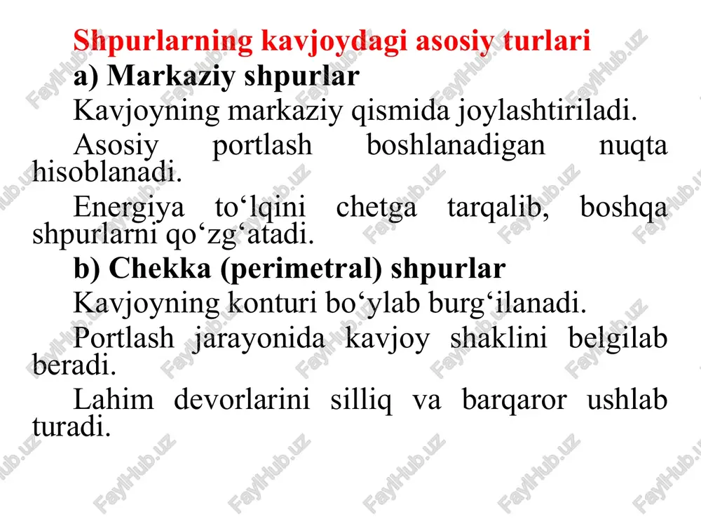idravlik usulda suv bosimi yoki gidravlik kuch yordamida tog‘ jinslari maydalanadi yoki ajratiladi. bu usul odatda yumshoq jinslarda yoki yer osti suvlariga boy zonalarda ishlatiladi. 5. kimyoviy usul kimyoviy reaktivlar yordamida tog‘ jinslari eritilib yoki maydalab olinadi. bu usul odatda turli xil minerallarning ajralishi uchun qo‘llaniladi, lekin katta hajmdagi jinslarni o‘yishda kamdan-kam qo‘llaniladi. ushbu usullar tog‘ jinslarining qattiqligi, ularning tarkibi, kon sharoitlari boshqa geologik omillarga qarab tanlanadi. har bir usulning afzallik va kamchiliklari bor, shuning uchun konchilikda texnologik kombinatsiyalar ham qo‘llaniladi. rudalarni qazib olishda quyidagi jarayonlar amalga oshiriladi. rudani massivdan ajratib olish; ikkilamchi maydalash; rudani blokdan tushirish tashish gorizontigacha etkazib berish; kon bosimini boshqarish. ana jarayonlarga sarflanadigan mehnat ruda konlarini er osti usulida qazib chiqarishga sarflanadigan barcha turdagi mehnatning qariyib 50 foizini tashkil qiladi. bu jarayonlarning o’zaro bog’liqligi ularning texnik –iqtisodiy ko’rsatkichlariga ta’sir etadi. ajratib olish – bu rudaning bir qismini maydalab blok massivdan ajratib olish jarayonidir. rudani ajratib olish …