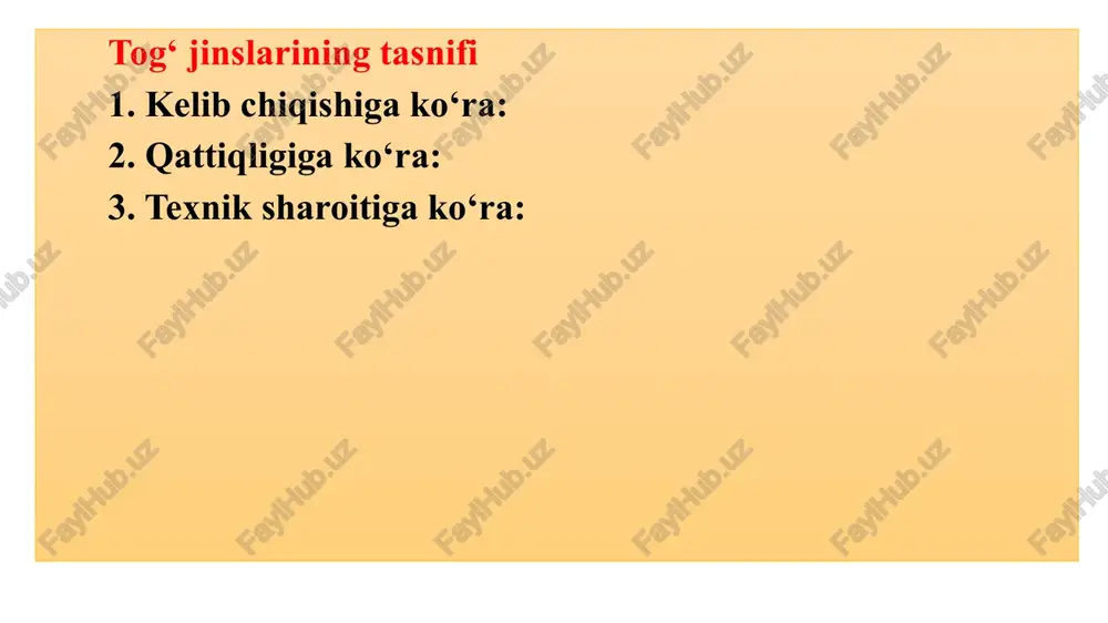 chiqarishda va kimyo sanoatida muhim xom ashyo hisoblanadi. dolomit (camg(co₃)₂): ohaktoshga o‘xshash, ammo tarkibida magniy mavjud. dolomit qurilish materiallari va o‘g‘itlar ishlab chiqarishda ishlatiladi. metalli, rudani ruda minerallarini kimyoviy mineralogik tarkibiga ko‘ra quyidagicha bo‘lish qabul qilingan: tug‘ma metall rudalari - ular qatoriga ba’zi bir nodir metallarning rudalari kiradi (ko‘pincha oltin); sulfidli (oltingugurtli) rudalar - bular qatoriga rangli va siyrak uchraydigan metallar kiradi (cufes2, pbs, zns, sb2s3, mos2 va boshqalar); oksidlangan rudalar - bular qatoriga, oksidli korbonatlar, sulfidlar bilan, ya’ni ko‘pgina qora, rangli va nodir metalllar kiradi (fe203, 2fe203. 3n20, mn02, pbc03, cu02, sn02, tifenv02 va boshqalar); . silikatli rudalar - ular qatoriga asosan kam uchraydigan tarqoq elementlar, ularning ruda minerallari, silikatlar yoki alyumoslikatlar (masalan, beril be3al2(s6012) spodumenlar lial(s2co6), sirkon zrsio2 va boshqalar); aralash rudalar - bular qatoriga avvalgi asosiy turdagi rudalar aralashmasidan iborat bo‘lgan rudalar kiradi. quyida asosiy ruda va norudali foydali qazilmalarning tavsifi keltirilgan. temir rudalari. asosiy rudali minerallari …