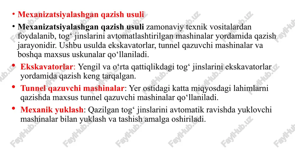 , yuk tashish mashinalari va trolleybuslar kabi uskunalar qazib olingan materiallarni kon maydonchasi bo'ylab yoki tashqariga olib chiqish uchun qo'llaniladi. - ko'mir va foydali qazilmalarni qazib olish uskunalari: bular maxsus ko'mir kesgichlar, longwall uskunasi va boshqalar kabi ko'mir yoki minerallarni qazib olishga mo'ljallangan mashinalardir. - quvvat va nafas oladigan tizimlar: yer osti muhitida xavfsiz ishlash uchun zarur bo'lgan shamollatish tizimlari va zaruriy energiyani ta’minlaydigan elektr tizimlari. - qo'llab-quvvatlash bundagi tizimlar: konstruktsiyalarni mustahkamlashda ishlatiladigan qo'llab-quvvatlovchi tizimlar, masalan, yog'och qo'llab-quvvatlovlar yoki metall profillar va ankrajlar. - xavfsizlik va favqulodda vaziyatlarga reaksiya qiluvchi uskunalar: gaz aniqlagichlar, xavfsizlik kameralari va favqulodda vaziyatlarga reaksiya qiluvchi uskunalar. texnik ta'mirlash va saqlash kon lahimlari turli bosqichlardagi konchilik jarayonlarida keng qo'llaniladi. aniq qo'llaniladigan jarayonlar esa quyidagilarni o'z ichiga oladi: 1. qidiruv ishlari: - geologik qidiruvlar, shu jumladan yer yuzasi va yer osti burg'ilashlari. - namunalar tahlili uchun qazib olish. 2. teshik qazish va portlatish: - portlatish uchun teshiklar …