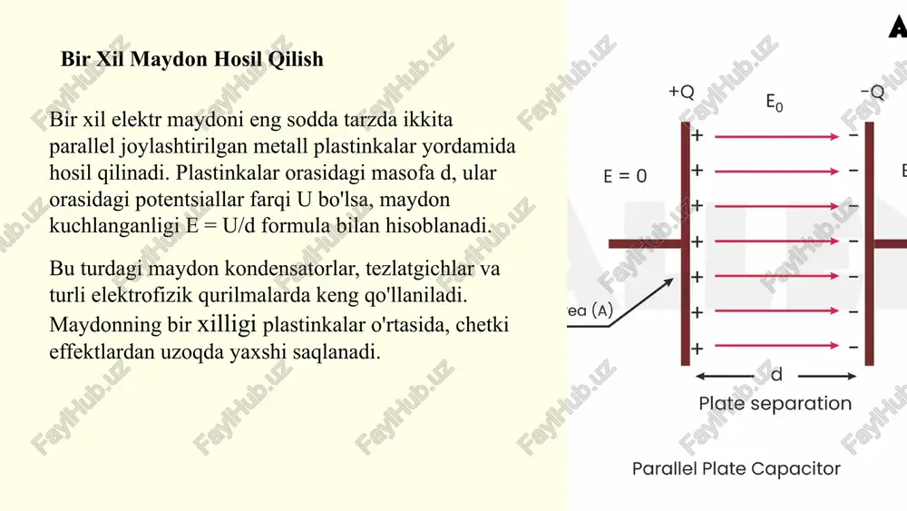 a sensorlar yordamida izolyatsiya holatini real vaqtda kuzatish. bu nosozliklarni oldindan aniqlash imkonini beradi. 1 nanomateriallar nanokompozilar va grafen asosidagi dielektriklar yuqori buzilish bardoshligiga ega. kelajakda kichik va samarali qurilmalar yaratish imkonini beradi. 2 3 yuqori voltli sistemalar ultra yuqori kuchlanishli (1000 kv+) uzatish liniyalari samaradorligini oshirish uchun yangi izolyatsiya texnologiyalari ishlab chiqilmoqda. 4 ekologik yechimlar sf6 gazini almashtiruvchi ekologik toza dielektriklar. issiqxona effektini kamaytirish maqsadida tabiiy materiallar tadqiq etilmoqda. 17 xulosa: asosiy xulosalar nazariy asos elektr maydonining buzilishi - bu ionizatsiya jarayoni bo'lib, unda dielektrik o'tkazuvchan holatga o'tadi. bu jarayon kritik maydon kuchlanganligi qiymatida sodir bo'ladi. amaliy ahamiyat buzilishni tushunish va nazorat qilish elektr energetikasi, elektronika va ko'plab texnologik sohalar uchun muhim. to'g'ri loyihalash xavfsizlik va samaradorlikni ta'minlaydi. himoya choralari sifatli izolyatsiya materiallari, to'g'ri geometriya va atrof-muhit sharoitlarini nazorat qilish orqali buzilishdan himoyalanish mumkin. zamonaviy monitoring tizimlari muammolarni erta aniqlashga yordam beradi. elektrostatik maydonlar buzilishini o'rganish fizika fanining muhim …