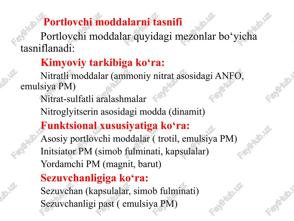 r bo‘lgan miqdori va diametri aniqlanadi. amaliyotda hisoblashning birinchi sxemasi kengroq tarqalgan, chunki rudniklardagi mavjud burg‘ilovchi vositalarning diametrini o‘zgartirish, ularning oraliq masofasini o‘zgartirishga nisbatan ancha murakkabroqdir. zaryadlar miqdori skvajinalarning diametri ular oralig‘idagi masofa portlovchi moddaning solishtirma sarflanish miqdoridan kelib chiqqan holda aniqlanadi. agar portlovchi moddaning solishtirma sarfi berilgan shartga muvofiq kelsa, skvajinaga zarur bo‘lgan zaryad miqdorining (bundan kelib chiqqan holda uning diametrini) portlatilishi kerak bo‘lgan jinslarning haqiqiy hajmini, portlovchi moddaning solishtirma sarfiga ko‘paytirish yo‘li bilan belgilaydi. 4 skvajinalar mexanik usulda zaryadlovchi mashina bilan zaryadlanadi. hozirgi davrda zaryadlagichlarning bir necha xil konstruksiyalari mavjud. shulardan eng ko‘p tarqalgan zaryadlovchi mashina zmbs-2 turdagi aralashtirgich o‘rnatilgan barabanli turidir . mashina tuzilishi bo‘yicha universal bo‘lib, donadorlangan quruq portlovchi moddalarni zaryadlash uchun, ham suvli portlovchi moddalarning va igdanitlarni tayyorlash uchun ham yaroqli. 5 konlarda muxofazalanmagan sochma donador, suvga to‘ydirilgan va kukunsimon ammiak silitarili pmlar foydalaniladi. suvsiz skvajinalarni portlatishda sochma donador grammonitlar, granulitlar, igdanitlardan foydalaniladi. konstruksiyasi bo‘yicha …