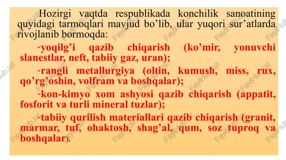 4.jpeg image5.jpeg image6.jpeg image7.emf nazorat savollari: 1. o’zbekiston respublikasi xomashyo resurlari haqida ma’lumot. 2. qazib oish korxonalari haqida tushuncha bering. 3. foydali qazilma konlarini er osti usulida qazib olish usulining afzallik va kamchiliklari. 4. foydali qazilma konlarini ochiq usulida qazib olish usulining afzallik va kamchiliklari. /docprops/thumbnail.jpeg