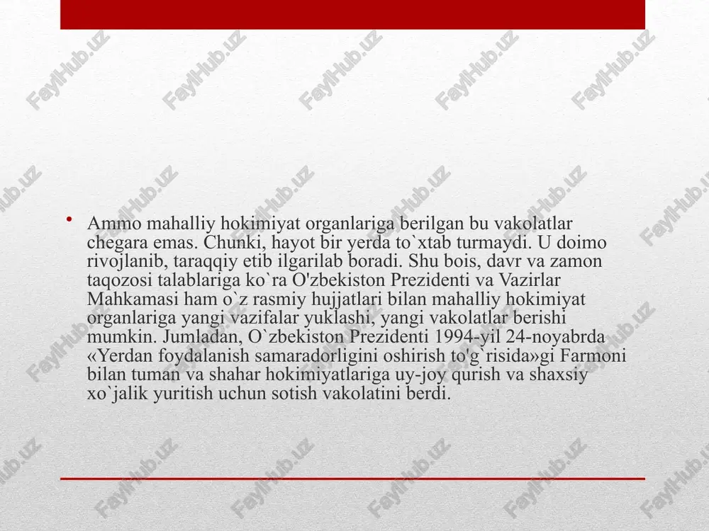 `ini unda ishtirok etish huquqiga ega bo`lganlarning kamida yarim, vakillar majlisi esa delegatlarning uchdan ikki qismi qatnashganda qonuniy kuchga kiradi. yig`inni rais yoki uning maslahatchilaridan biri olib boradi. qarorlar ochiq ovoz berish yo`li bilan qabul qilinadi va u hokimga yuboriladi. bularning hammasi mahalliy o`z-o`zini boshqarish idoralari faoliyatining demokratik asoslari mahalliy sharoitga yaqinlashtirilganini, ortiqcha rasmiyatchiliklarga barham berilganini va aholining jamiyatni boshqarishda mumkin qadar ko`proq ishtirok etish imkoniyatlarini kengaytirishga xizmat qiladi. fuqarolar yig`ini vakolatlari kengaytirildi. ular qonunning 17-moddasiga muvofiq davlat hokimiyati va boshqaruv organlari bilan kelishgan holda savdo, umumiy ovqatlanish va aholiga madaniy-maishiy xizmat ko`rsatish korxonalarining ish vaqtini aholiga qulay holda belgilashlari, ma'muriy komissiya tashkil etishlari mumkin` image2.jpeg image3.jpeg /docprops/thumbnail.jpeg