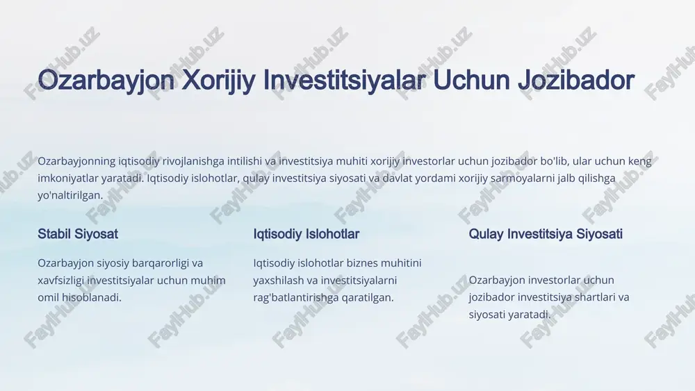 k bozorida ba'zi xavf-xatarlar mavjud, masalan, qarzlarning o'sishi va narxlarning o'sishi tezligi. shu sababli, ozarbayjonning ko'chmas mulk bozorining kelajagini baholashda ehtiyotkorlik bilan yondashish kerak. 11 ozarbayjonning ko'chmas mulk narxlari va investitsiya imkoniyatlari ozarbayjonning ko'chmas mulk bozori so'nggi yillarda sezilarli darajada rivojlandi. bu rivojlanish iqtisodiy o'sish, infratuzilmani yaxshilash va aholining xarid qobiliyatini oshirish bilan bog'liq. ko'chmas mulk narxlari turli omillarga, jumladan joylashuv, mulk turi va holatiga qarab o'zgarib turadi. investitsiya nuqtai nazaridan ozarbayjon ko'chmas mulk bozori juda jozibador. mamlakatning tez rivojlanishi, barqaror iqtisodiy vaziyat va nisbatan past ko'chmas mulk narxlari investorlar uchun ko'plab imkoniyatlar yaratadi. xususan, bakıda, sumqayıtda va gəncədə investitsiya imkoniyatlari juda yuqori. shahar o'rtacha kvadrat metr narxi (usd) baku 1,500 - 2,500 sumqayıt 800 - 1,200 gəncə 600 - 1,000 12 ozarbayjonning kelajakdagi rivojlanish istiqbollari energetika resurslari ozarbayjonning neft va tabiiy gaz resurslari kelajakda davlat iqtisodiyotini rivojlantirish uchun muhim rol o'ynaydi. davlat energiya eksportini kengaytirish va yangi energiya loyihalarini …