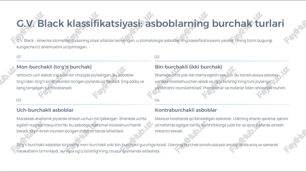 rlik. zanglamaydigan po'lat zanglamaydigan po'latdan yasalgan asboblar eng keng tarqalgan va universal hisoblanadi. ular yaxshi narx-sifat nisbatiga ega va turli xil klinik vaziyatlarda ishlatilishi mumkin. afzalliklari: narxi maqbul, ta'mirlash oson, har qanday sterilizatsiya usuli bilan mos keladi. qaysi birini tanlash? tanlash klinikaning byudjetiga, asbobning qo'llanilish chastotasiga va shifokor afzalliklariga bog'liq. ko'pchilik stomatologlar ikkala turdan ham foydalanadi. intensiv ishlatish uchun karbid, universal ishlar uchun zanglamaydigan po'lat tavsiya etiladi. standartlar va sertifikatlash stomatologik asboblar ishlab chiqarish va qo'llanilishi qat'iy standartlarga bo'ysunadi. bu standartlar xavfsizlik, samaradorlik va sifatni ta'minlaydi. rossiya standartlari rossiya federatsiyasi fsz 2010/07301 ro'yxati stomatologik asboblarning ro'yxatdan o'tish talablarini belgilaydi. bu ro'yxat asboblarning xavfsizligi va sifatini kafolatlaydi. medicinsk buyumlar sifatida ro'yxatdan o'tish klinik sinovlardan o'tish zaruriyati ishlab chiqaruvchining mas'uliyati gost standartlari gost 30395.1-95: stomatologik asboblar uchun umumiy texnik talablar. bu standart asboblarning materiallari, o'lchamlari va ishlov berish sifatini tartibga soladi. gost 30397-95: stomatologik qo'l asboblari uchun maxsus talablar. ergonomiya, qo'lqop shakli …
