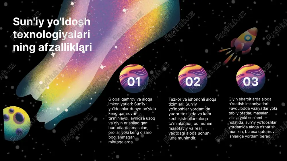 texnologiyalarining global iqtisodiyotdagi o'rni. xalqaro tahlil va tadqiqotlar, 2022. 5. bekmurodov, a. sun'iy yo'ldoshlar va internet of things (iot) integratsiyasi. innovatsion texnologiyalar va ilmiy tadqiqotlar, 2023. e'tiboringiz uchun rahmat! image2.png image3.png image4.png image5.png image6.png image7.png image8.png image9.png image10.png image11.png image12.png image13.png image14.png image18.jpg image19.jpg image20.jpg image15.png image16.png image21.jpg image22.jpg image17.png image1.png