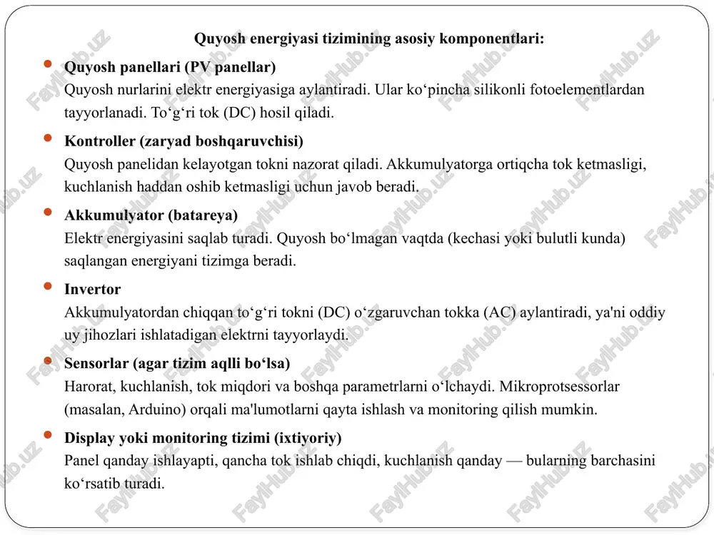 iya manbalaridan biri hisoblanadi. biroq bu energiyadan to‘liq va samarali foydalanish uchun tizimni to‘g‘ri boshqarish muhim ahamiyatga ega. aynan shu yerda kontrollerlar muhim rol o‘ynaydi. kontrollerlar nafaqat ishlab chiqarilgan energiyani to‘g‘ri taqsimlaydi, balki butun tizimning xavfsiz va ishonchli ishlashini ham ta’minlaydi. avval biz quyosh panellarining qanday ishlashi, qanday qilib energiya hosil qilinishi va bu tizim qanday qismlardan iborat ekanligini ko‘rib chiqdik. shuningdek, kontrollerlarning vazifalari va turlari bilan tanishdik. ular orasida mppt (maximum power point tracking) turidagi kontrollerlar eng samaraliligi bilan ajralib turadi. ular tizimdan maksimal foyda olishga yordam beradi va energiya samaradorligini oshiradi. kontrollerlar bilan birga ishlaydigan boshqa muhim qismlar – akkumulyatorlar, sensorlar va monitoring tizimlari ham mavjud. ushbu qismlar o‘zaro bog‘liq holda ishlaydi va to‘liq avtomatlashtirilgan tizimni hosil qiladi. bu esa quvvatni tejash, xavfsizlikni oshirish va xizmat muddatini uzaytirishga xizmat qiladi. oxirgi bosqichda esa kontrollerli tizimlar oddiy tizimlarga nisbatan ancha samarali, xavfsiz va ishonchli ekanini amaliy tahlillar orqali ko‘rib …