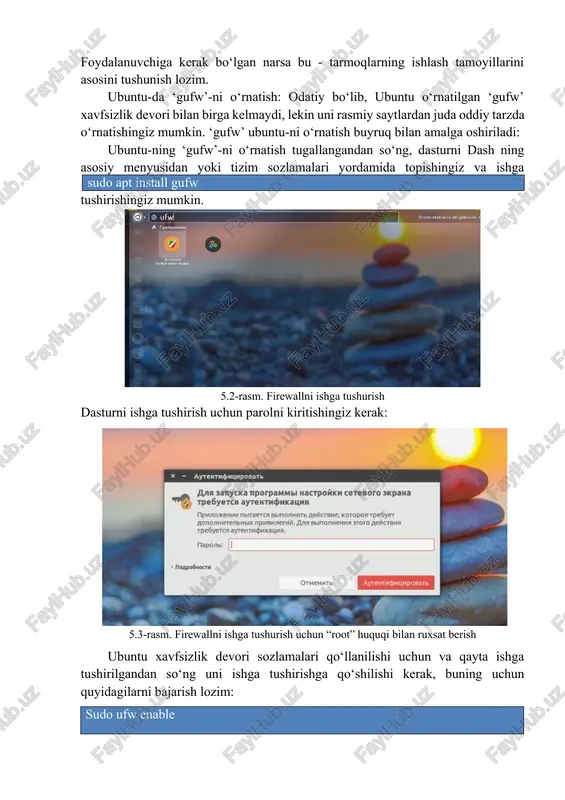 bo‘lishiga qaramay, uni xavfsiz deb hisoblay olmaysiz, xavfsizlik qoidalarini e’tiborsiz qoldirmaslik kerak. linux operatsion tizimi o‘zining eng kuchli xavfsizlik devori – ‘iptables’ bilan mashhur. ammo uning kuchiga qaramay, ushbu xavfsizlik devori juda murakkab va uni uzoq va murakkab konsol buyruqlari bilan boshqarish kerak. bu erda ulanish ma’lumotlarini konsolda ham ko‘rishingiz kerak. shuning uchun u ko‘pchilik yangi foydalanuvchilar uchun mavjud emas. ubuntu - da, vaziyat yanada yomonroq, chunki bu erda xavfsizlik devori sukut bo‘yicha o‘chirilgan va uni ishga tushirishning oson usuli yo‘q. xavfsizlik devorini boshqarish uchun bir nechta skriptlarni sozlash kerak bo‘ladi va bu yangi foydalanuvchi uchun oson ish emas. foydalanuvchi ‘iptables’ qoidalarini qo‘lda qidirishingiz va yaratishingiz yoki ubuntu xavfsizlik devorini sozlashni osonlashtiradigan vositani topishingiz mumkin. linuxda firewall-ni osonroq sozlashni ta’minlash uchun uncomplicated firewall yoki oddiy firewall, ufw yaratildi. keyin ufw - ni sozlashni yanada osonlashtirish uchun grafik yordam dasturi-gufw yaratildi. ushbu qo‘llanmada ubuntu xavfsizlik devori qanday o‘rnatilishini ko‘rib chiqamiz. terminaldan …