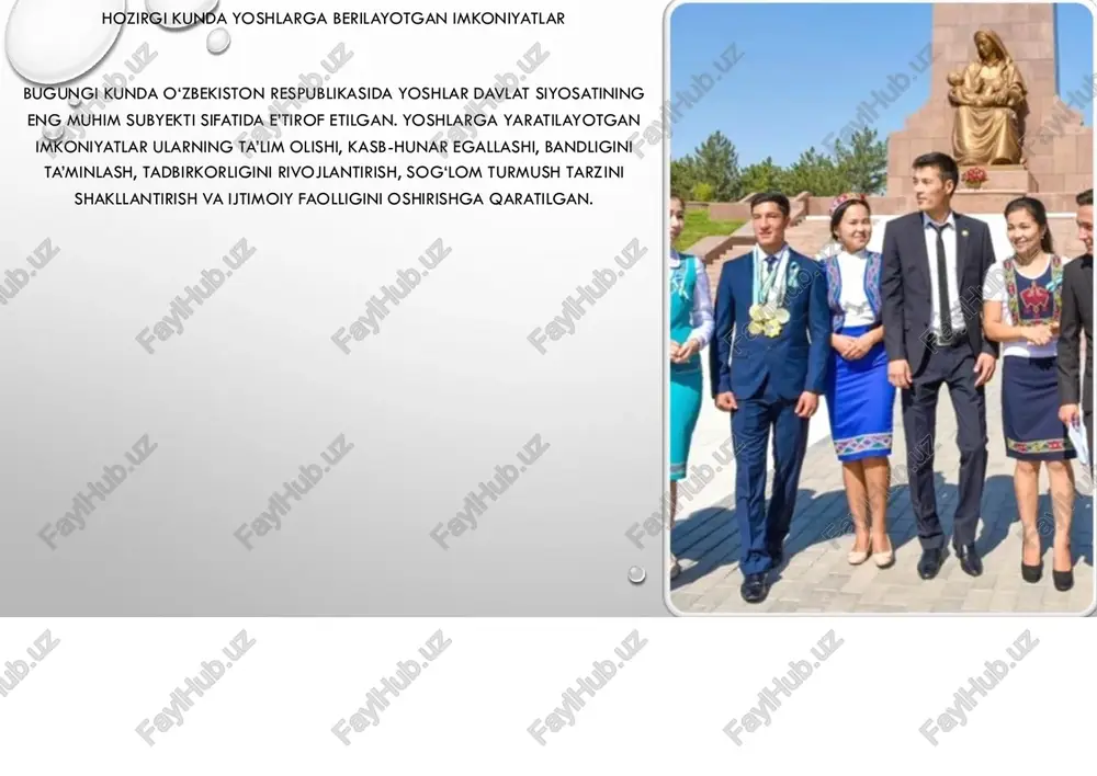 i prezidentining 2019-yil 27-iyundagi pf–5739-son farmoni – “yoshlarni qo‘llab-quvvatlash va ularning ijtimoiy faolligini oshirishga doir chora-tadbirlar to‘g‘risida.” 4. “2027-yilgacha mo‘ljallangan yoshlarga oid davlat siyosatini rivojlantirish strategiyasi.” – toshkent: 2022. 5. karimov i.a. yuksak ma’naviyat – yengilmas kuch. – toshkent: ma’naviyat, 2008. 6. mirziyoyev sh.m. yangi o‘zbekiston yoshlari – buyuk kelajak bunyodkori. – toshkent: o‘zbekiston, 2021. 7. abduqodirov a.a. yoshlarga oid davlat siyosatining pedagogik asoslari. – toshkent: tdpu nashriyoti, 2020. 8. hasanov b. yoshlar siyosati va ijtimoiy faollikni rivojlantirish masalalari. – toshkent: fan va texnologiya, 2019. 9. xaitov r., yuldasheva n. yoshlarni ma’naviy barkamollikka yo‘naltirishning zamonaviy metodlari. – toshkent: iqtisod- moliya, 2022. 10. internet manbasi: www.lex.uz – yoshlarga oid qonun hujjatlari va prezident farmonlari bazasi. http://www.lex.uz slide 1: mavzu: yoshlarga oid davlat siyosatining ustuvor yo’nalishlari. slide 2 slide 3 slide 4 slide 5 slide 6 slide 7 slide 8: xalqaro imkoniyatlar va global integratsiya. o‘zbekiston yoshlari xalqaro ta’lim dasturlarida, volontyorlik va …